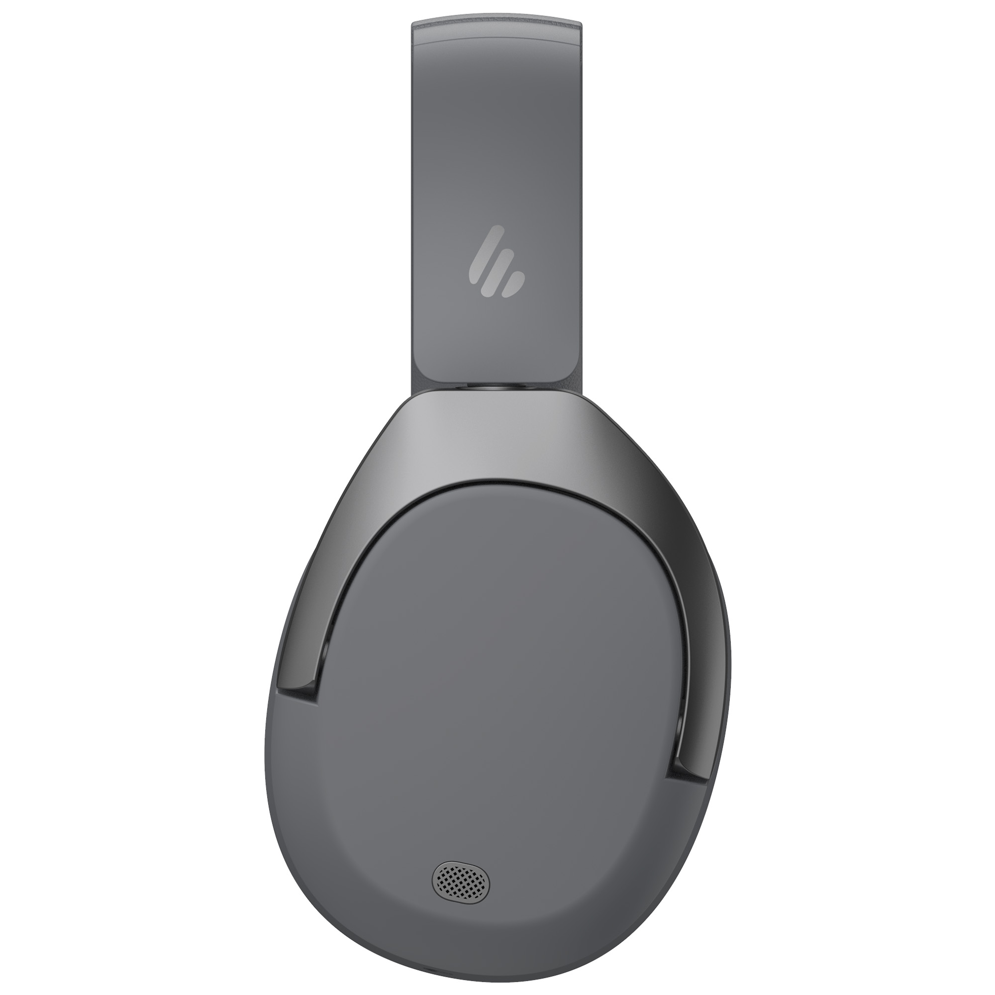 Szare słuchawki na białym tle. Słuchawki mają regulowany pałąk i nauszniki z logo.