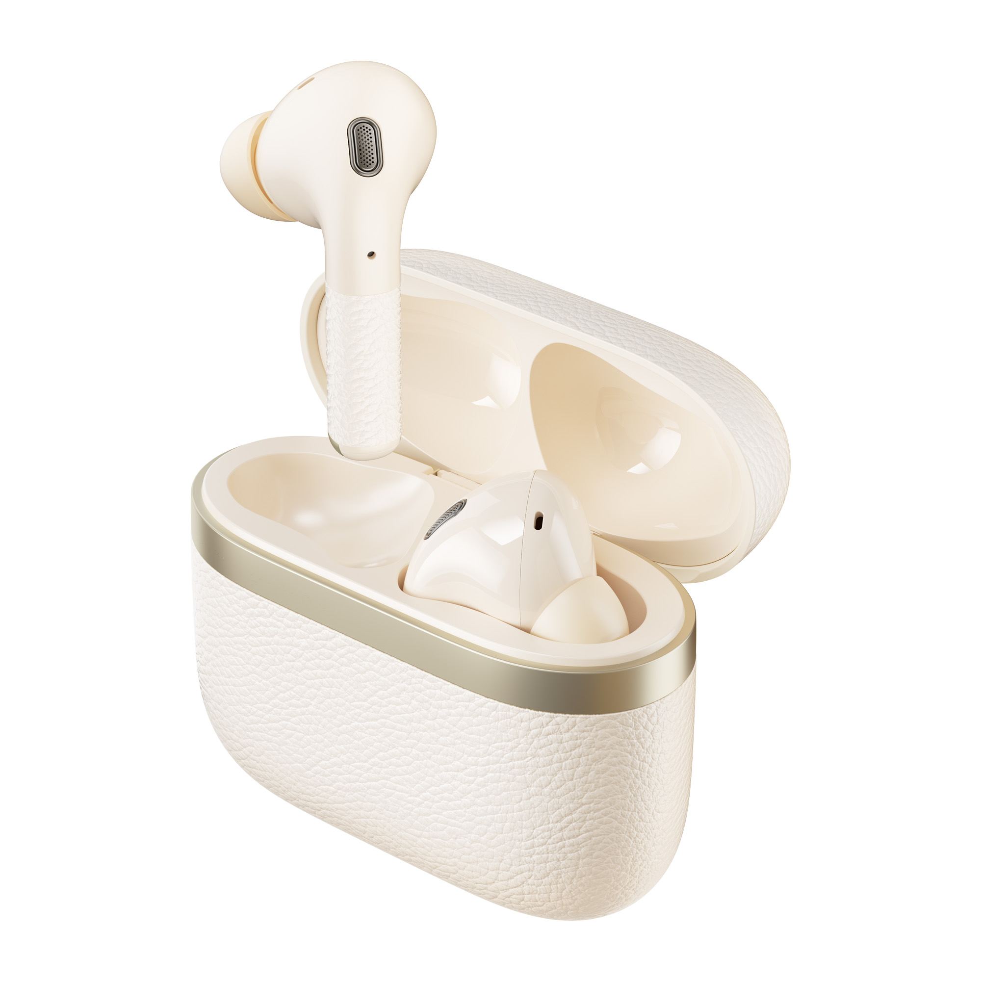 Kremowe bezprzewodowe słuchawki w pasującym etui. Jeden z pączków jest poza etui.