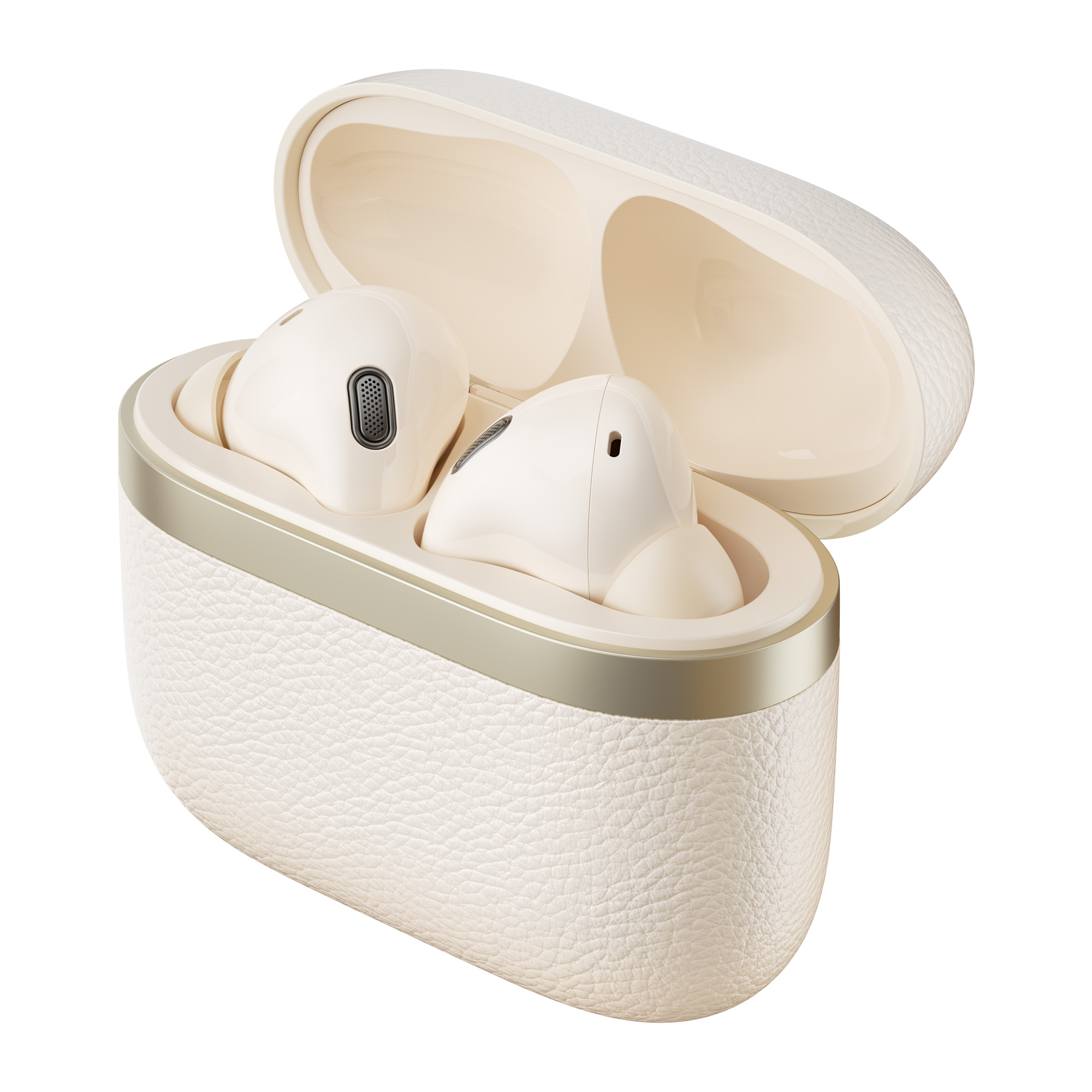 Otwarty kremowy futerał na słuchawki z dwoma słuchawkami w środku. Futerał ma teksturę skóry, słuchawki są gładkie.