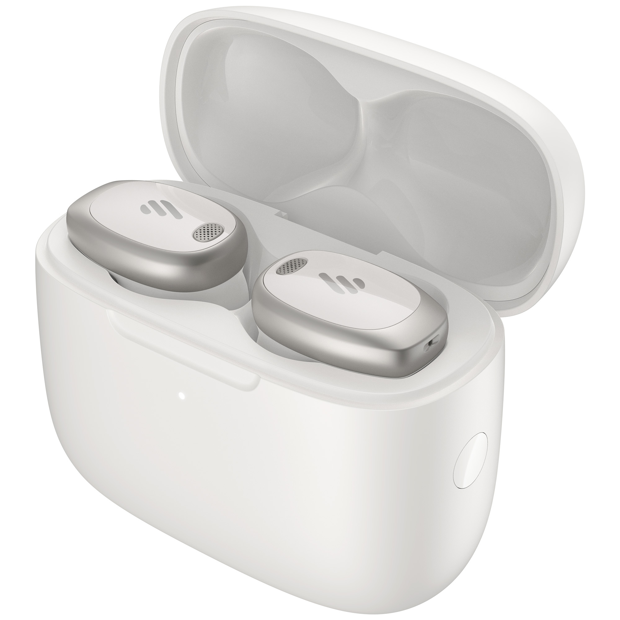 Białe słuchawki douszne w otwartym białym etui. Słuchawki są srebrne. Etui ma przycisk i kontrolkę ładowania.