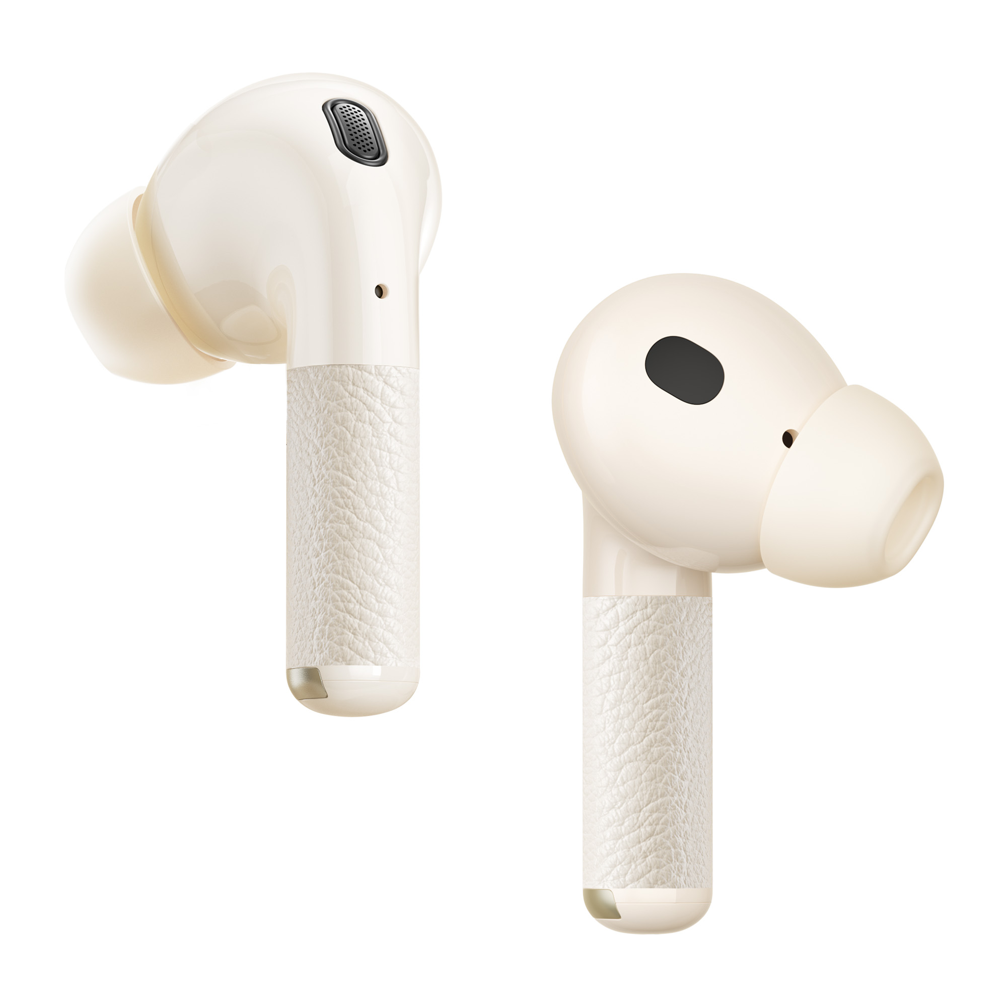 Dwa kremowe bezprzewodowe słuchawki. Każda ma teksturowaną, skóropodobną łodygę i gładką słuchawkę. Białe tło.
