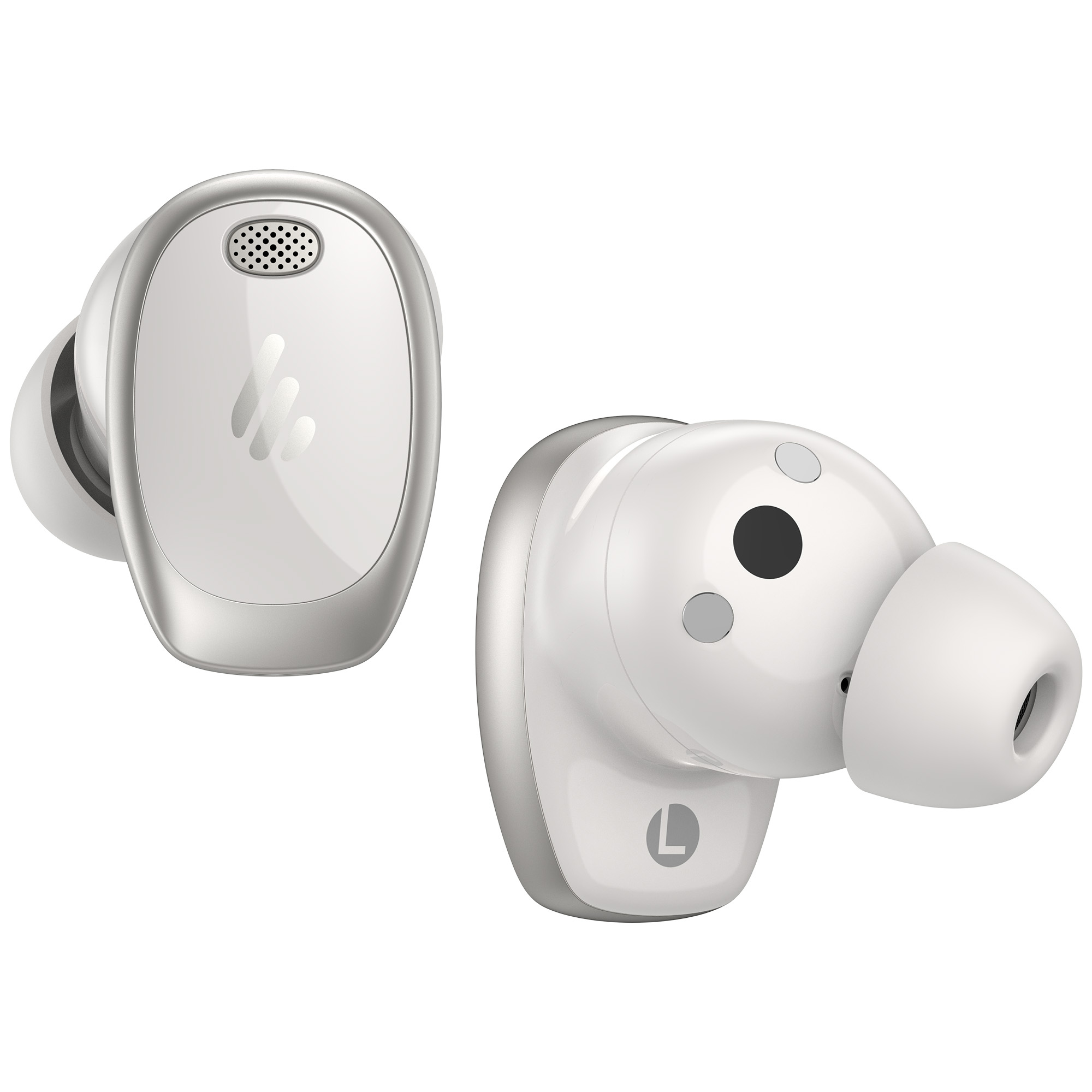 Białe i srebrne bezprzewodowe słuchawki. Jeden pokazuje głośnik. Drugi pokazuje końcówkę douszną i mały mikrofon.