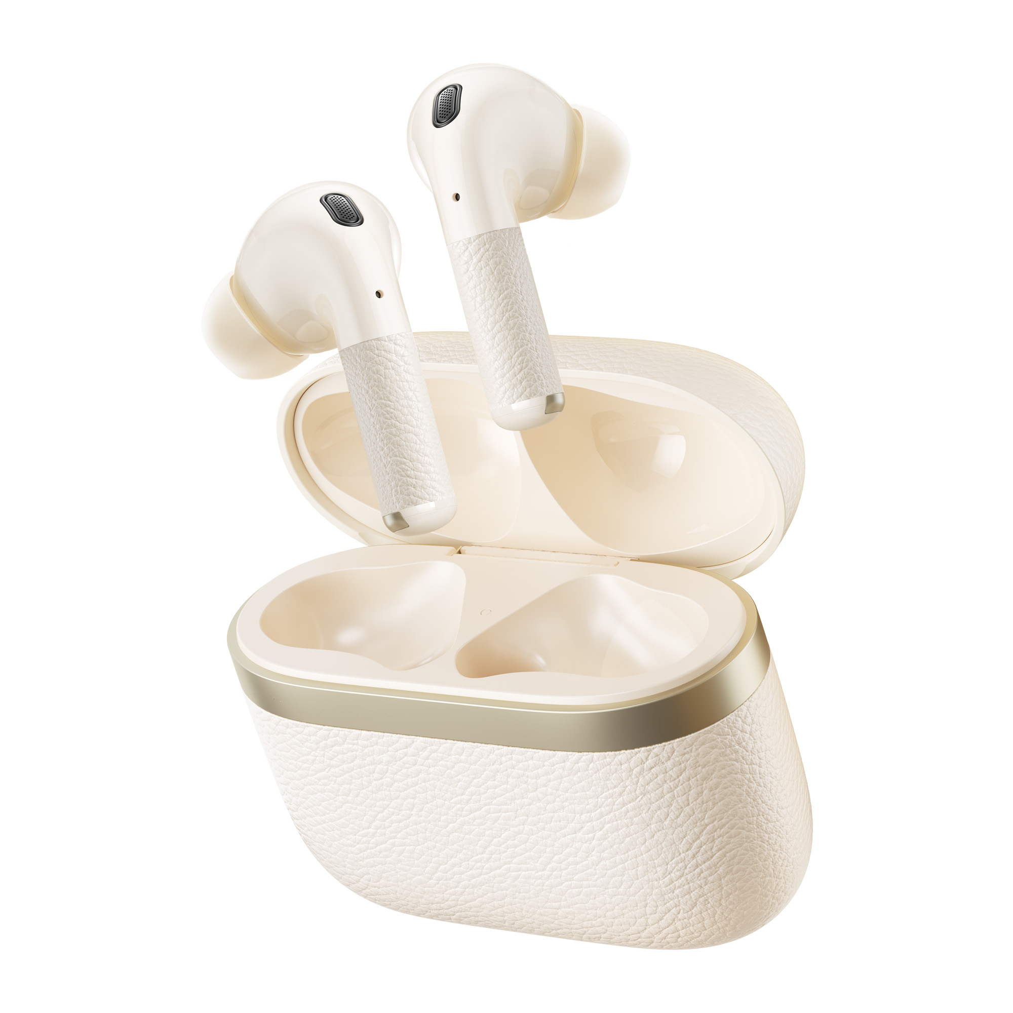 Słuchawki w kolorze kości słoniowej w otwartym etui. Etui i słuchawki są teksturowane. Etui ma złotą obwódkę.