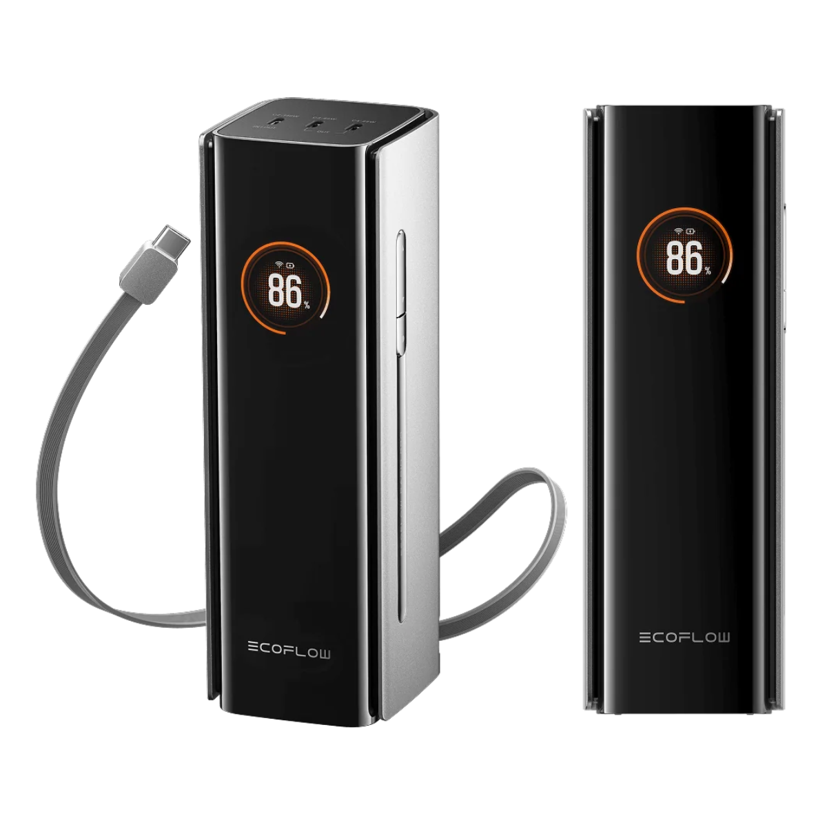Dwie czarne i srebrne przenośne ładowarki. Jedna pokazuje 86% baterii, port ładowania i logo EcoFlow. Podłączony jest szary kabel.