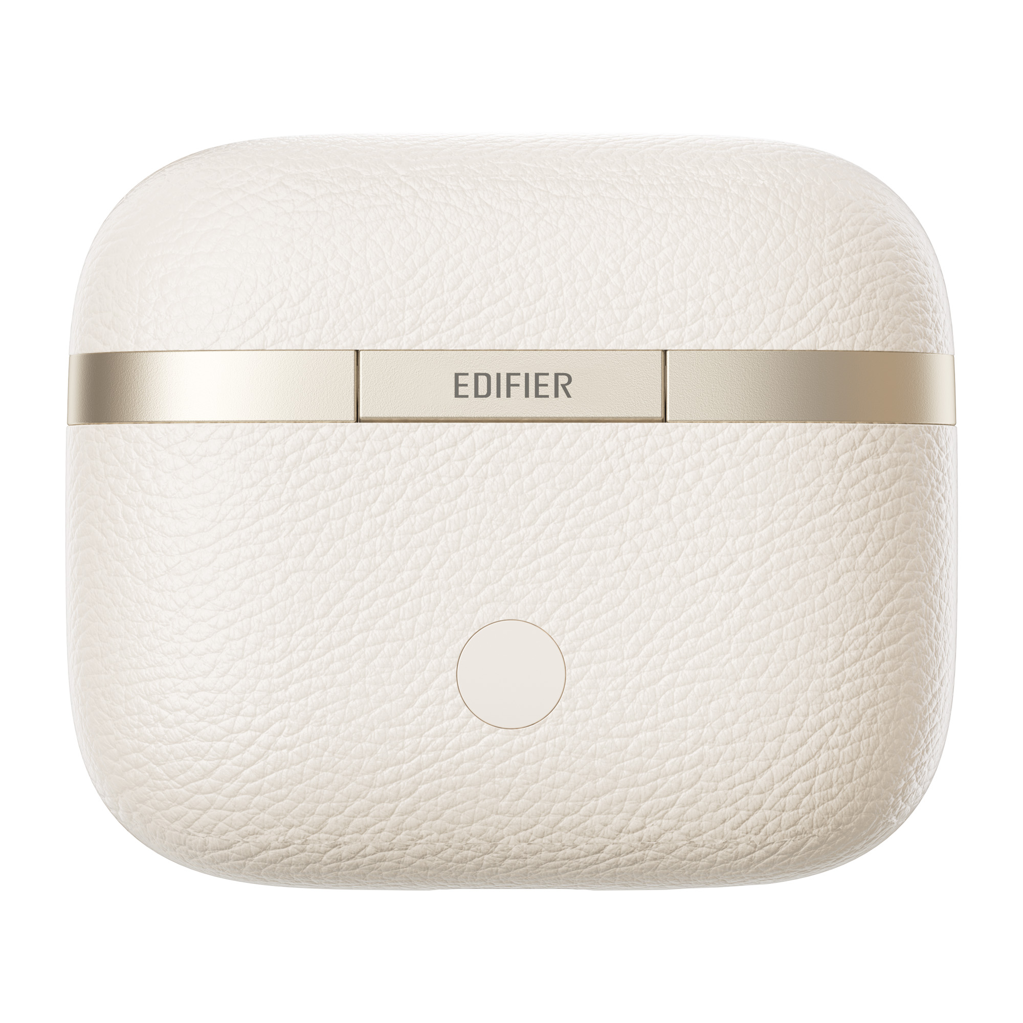 Teksturowane etui na słuchawki w kolorze kości słoniowej. Ma złoty pasek z logo 'EDIFIER' i okrągły przycisk.