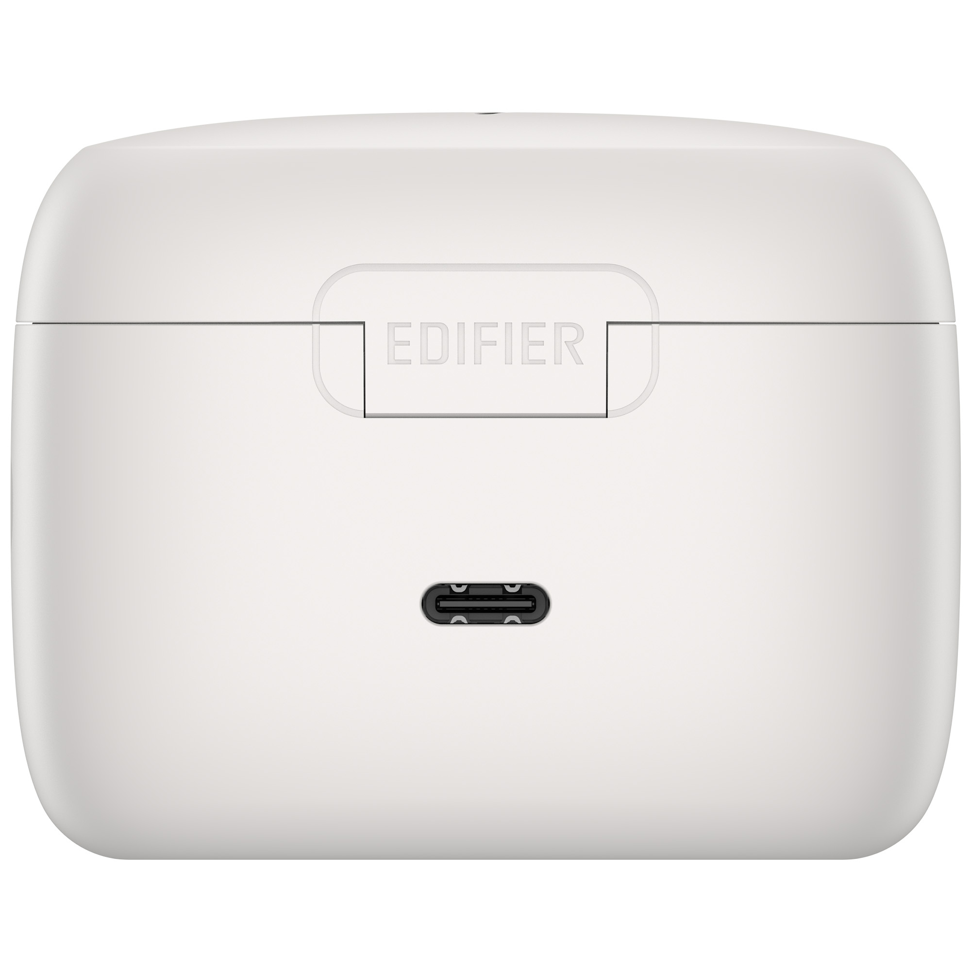 Białe etui ładujące EDIFIER z portem USB-C na dole. Nazwa marki jest widoczna na górze.