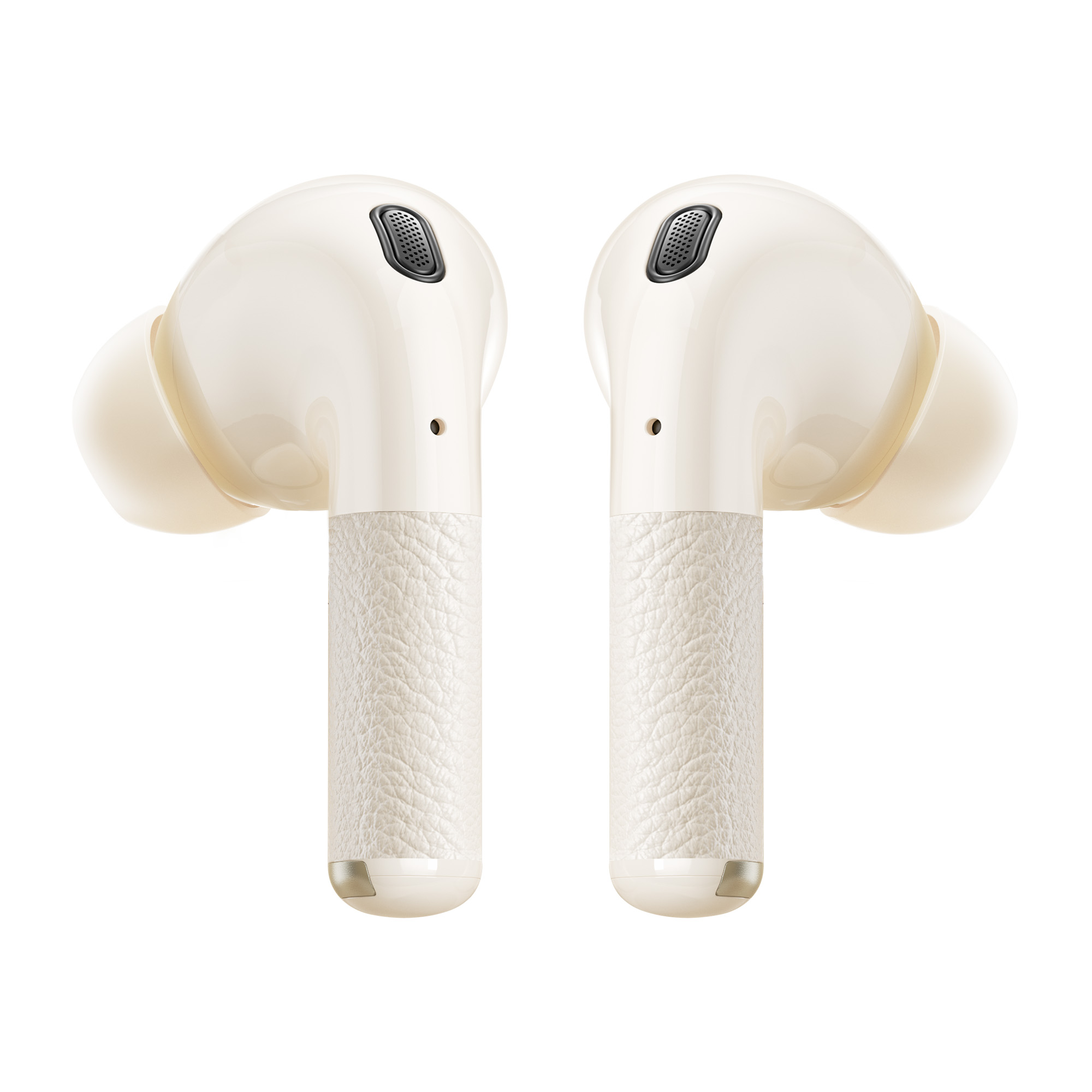 Dwa kremowe bezprzewodowe słuchawki. Każdy ma teksturowaną nóżkę i czarną kratkę głośnika.