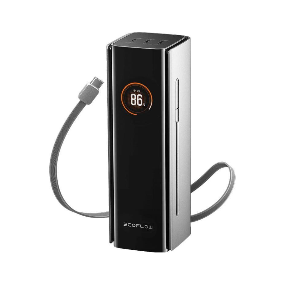 Czarno-srebrna stacja zasilania EcoFlow z wyświetlaczem pokazującym 86%. Podłączony jest szary kabel. Tło jest białe.