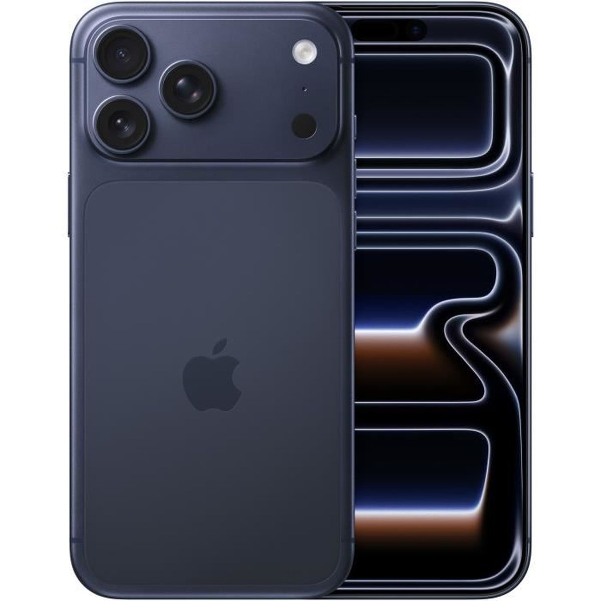 Un iPhone azul oscuro con tres cámaras traseras y una pantalla que muestra una interfaz brillante. El logotipo de Apple es visible.