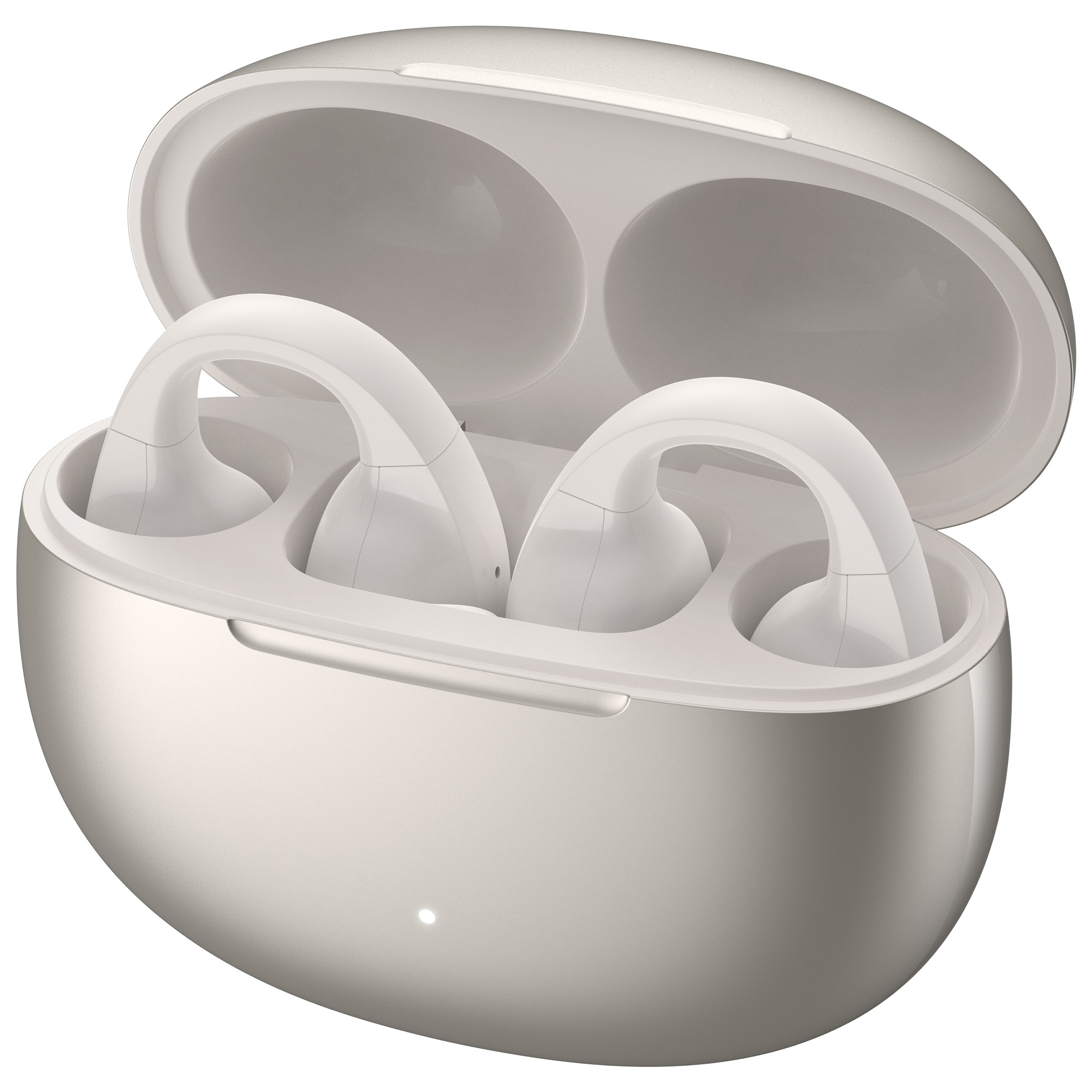 Otwarta obudowa słuchawek. Białe słuchawki o zakrzywionym kształcie, w srebrno-beżowym etui. Otwarta pokrywa.