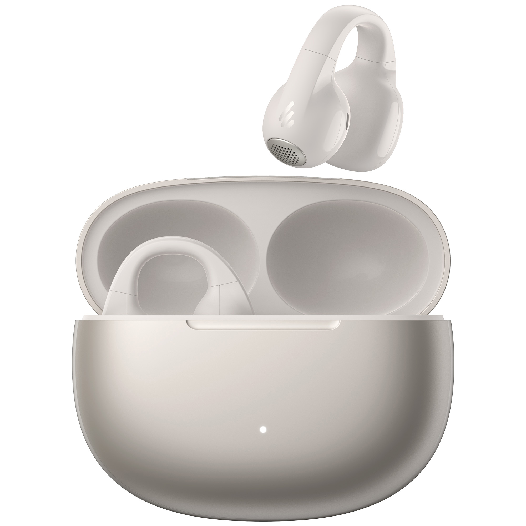 Białe bezprzewodowe słuchawki w etui ładującym. Jedna słuchawka jest poza etui. Etui jest otwarte.