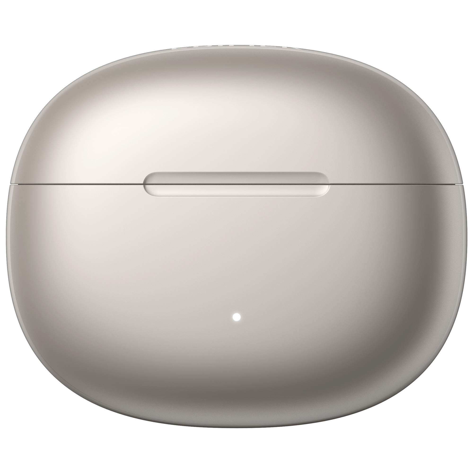 Zamknięte, beżowe etui na słuchawki. Jest owalne, z małym otworem u góry i małym światłem u dołu.