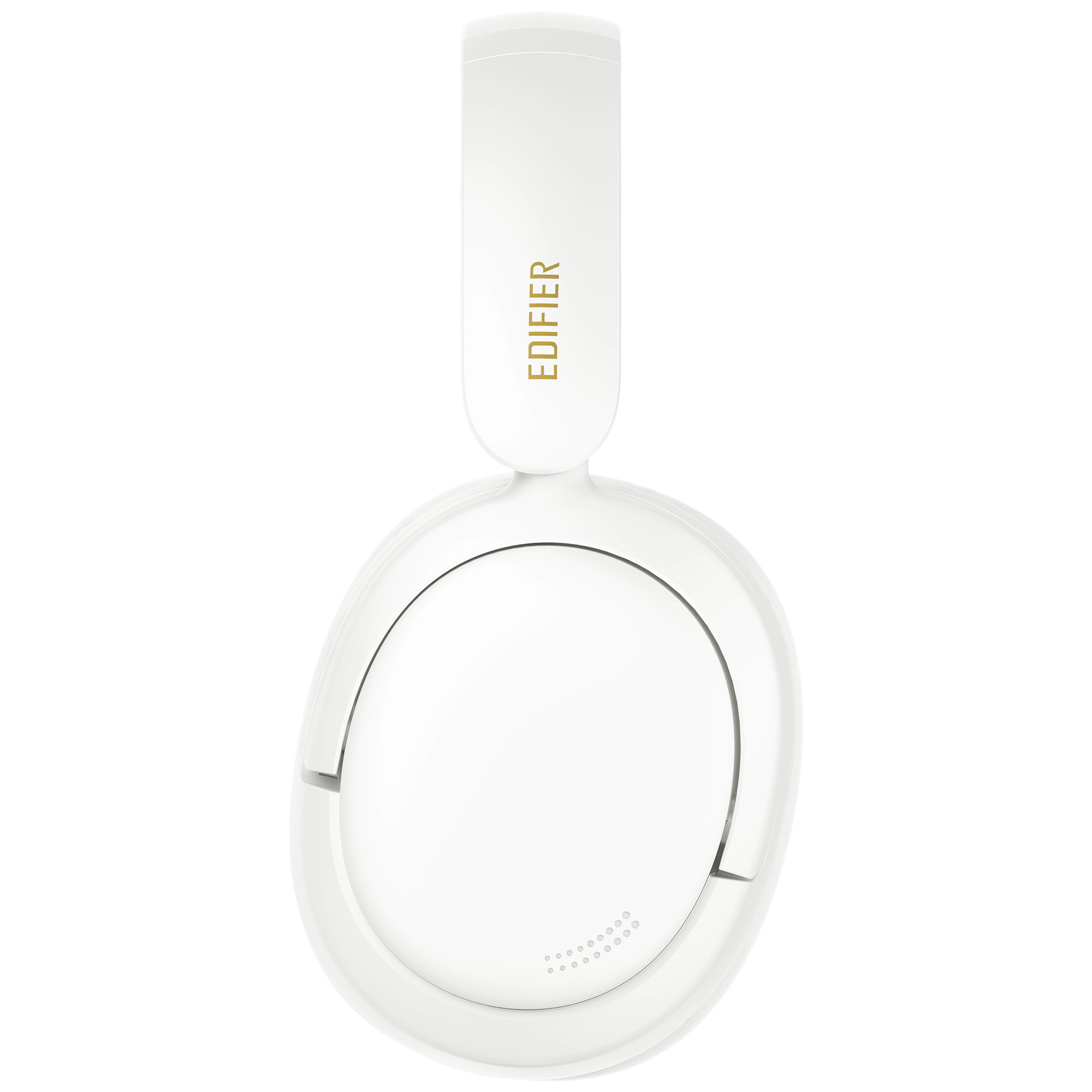 Białe słuchawki Edifier na białym tle. Nazwa marki jest złota. Muszle mają okrągły kształt.