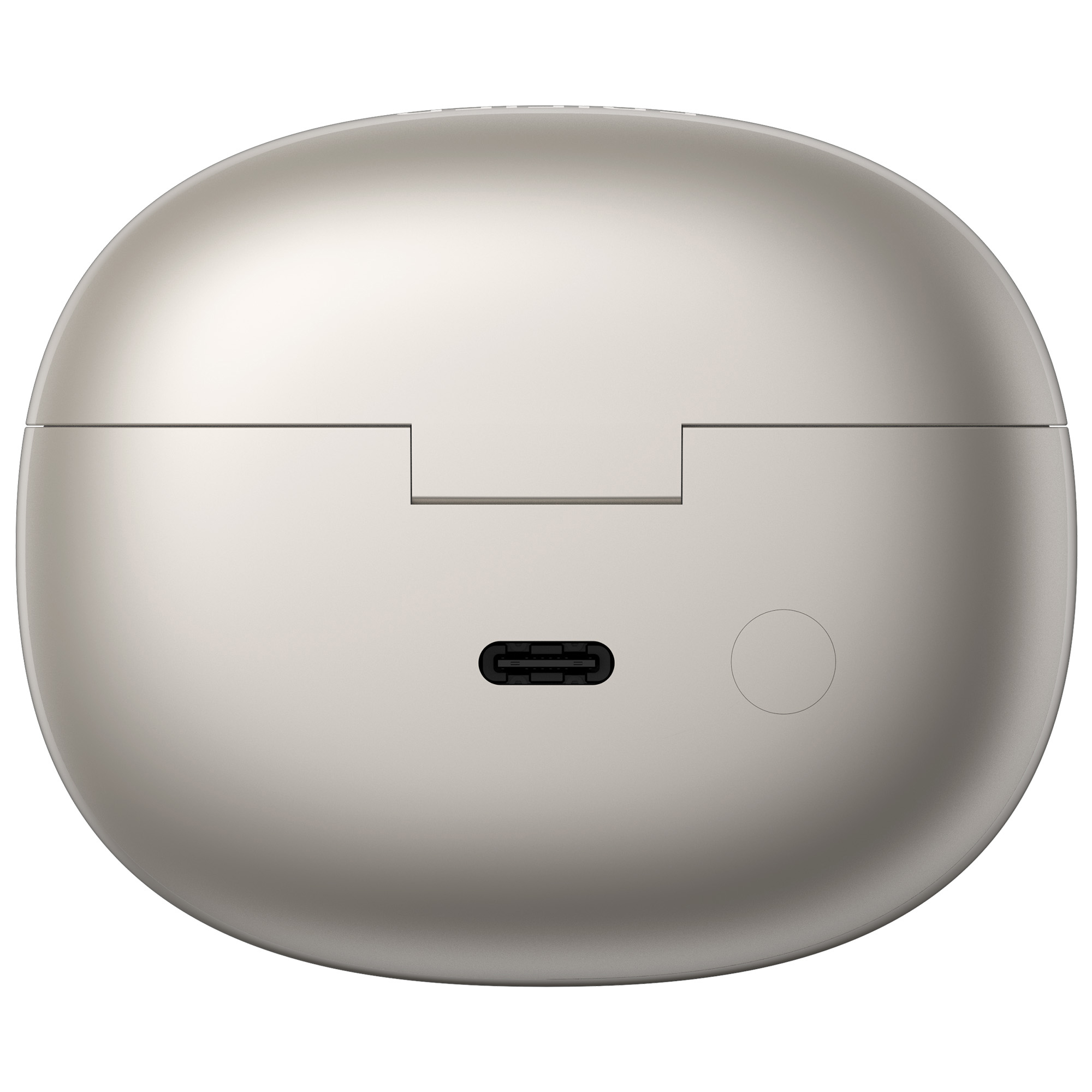 Beżowe, owalne etui ładujące z portem USB-C na dole. Mały przycisk i pokrywa na górze.