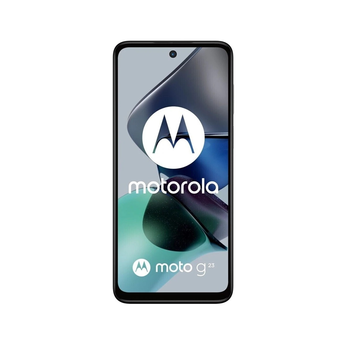 Un smartphone con marco negro muestra el logo de Motorola y 'moto g23'. La pantalla muestra un fondo abstracto azul y verde.