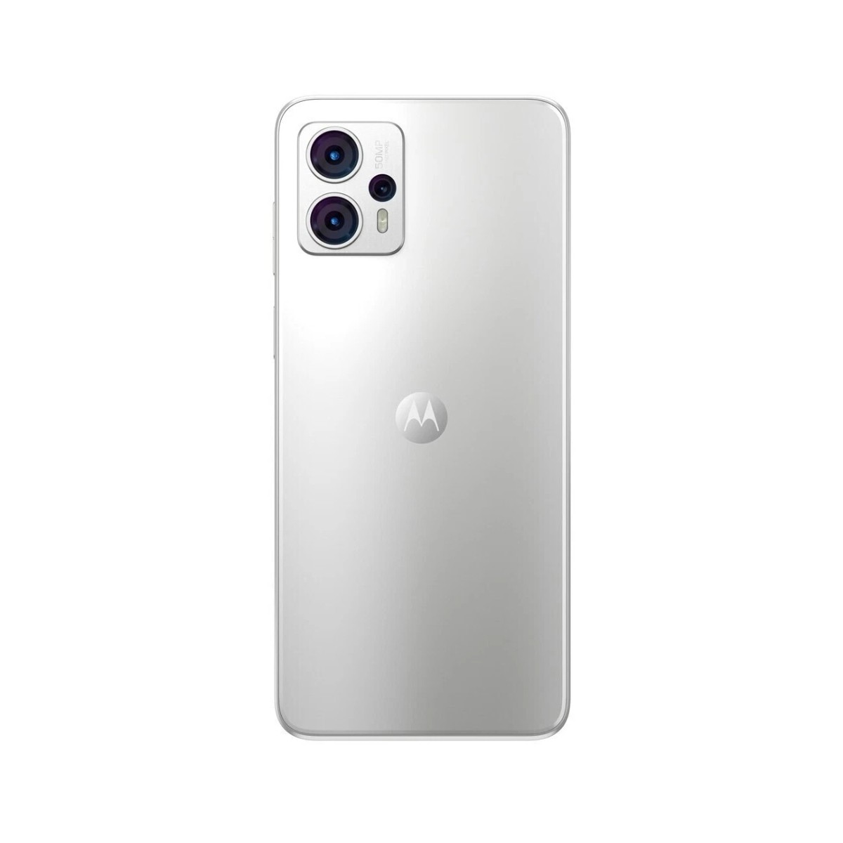 Parte trasera de un smartphone Motorola blanco. Tiene una configuración de cámara dual, un logotipo de Motorola y un acabado brillante. El fondo es blanco.