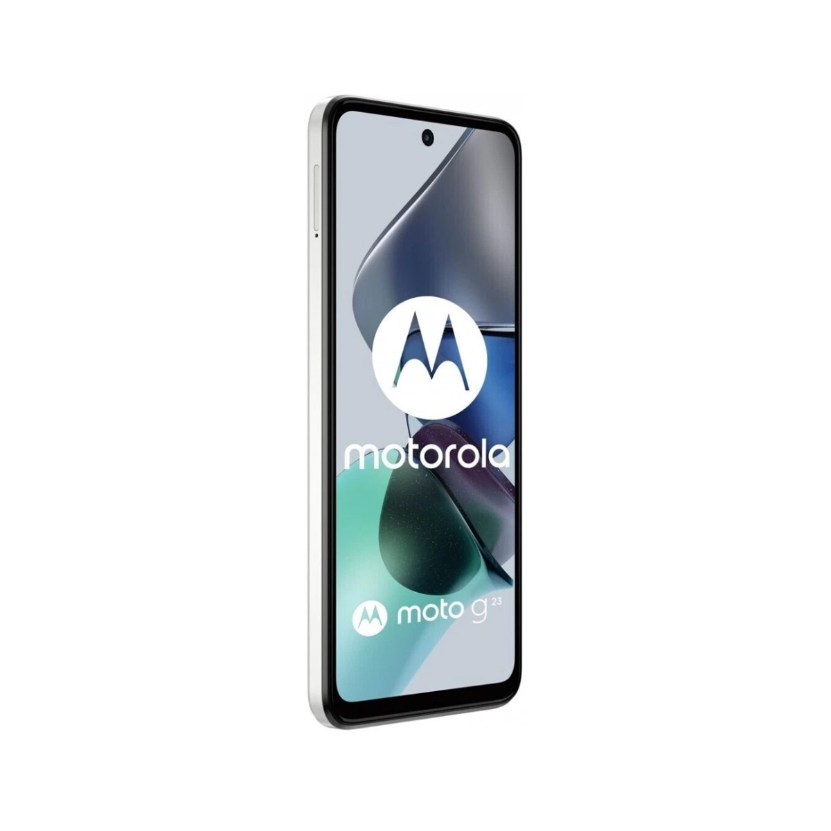 Un smartphone Motorola Moto G23. La pantalla muestra el logotipo de Motorola y los detalles del teléfono. El teléfono tiene un marco blanco.