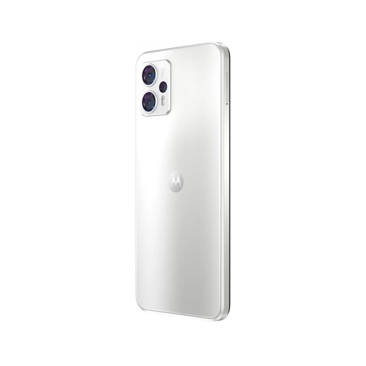Un teléfono inteligente blanco con dos cámaras traseras y el logotipo de Motorola se muestra sobre un fondo blanco.