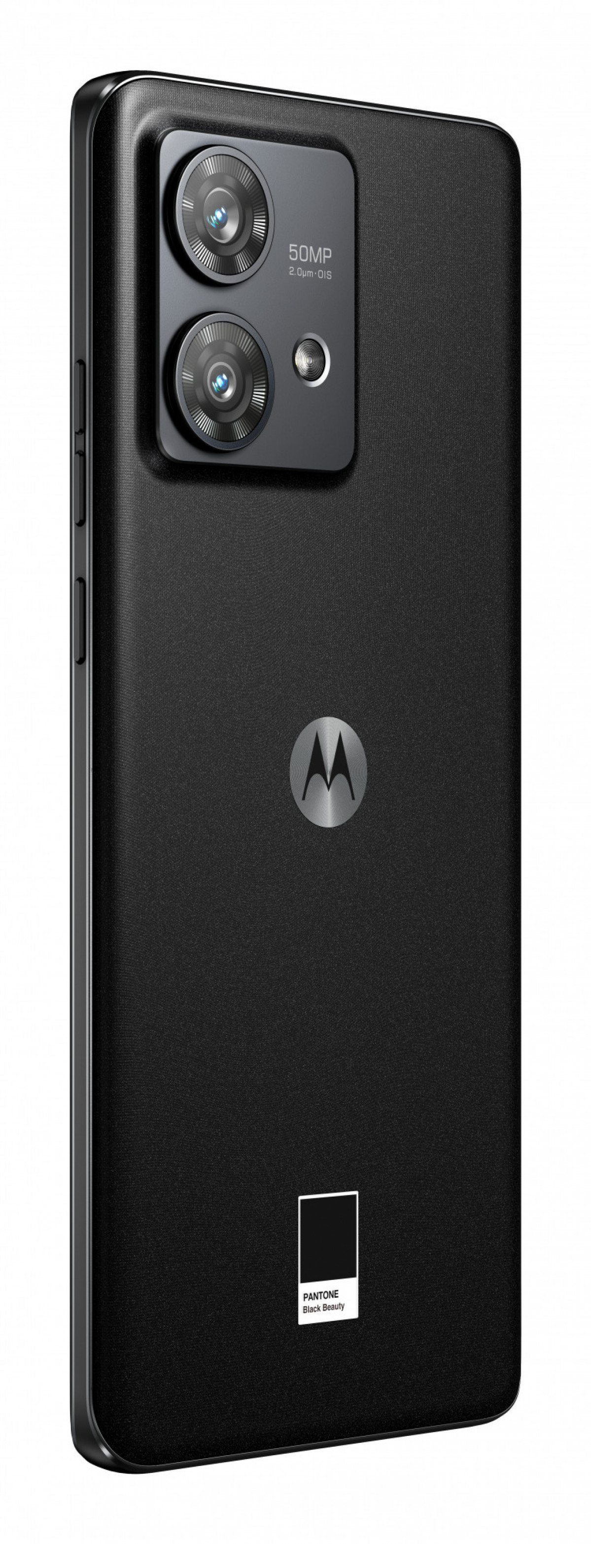 Czarny tył smartfona. Posiada aparat z dwoma obiektywami, logo Motoroli i etykietę koloru Pantone.