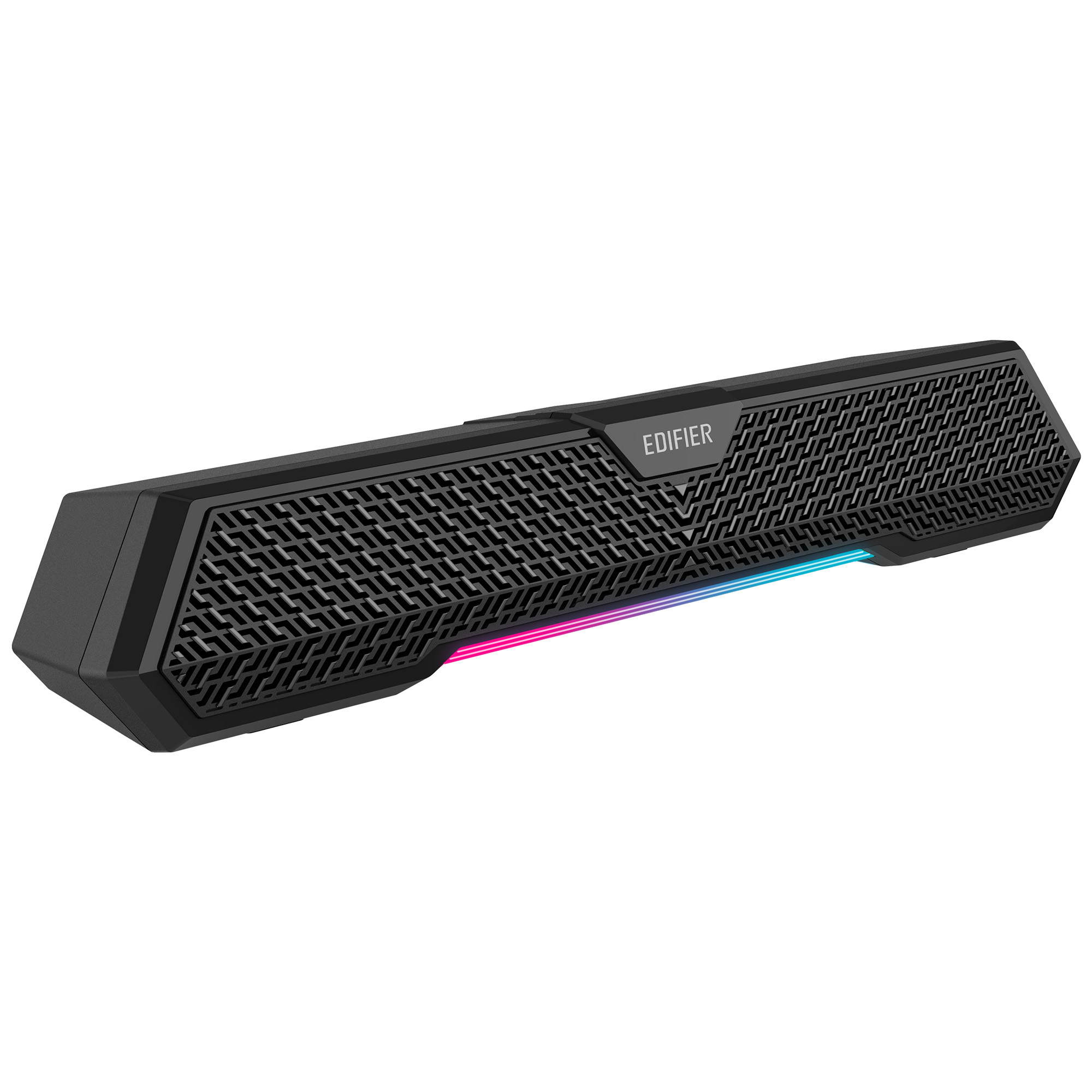Czarny soundbar z teksturowanym przodem, na górze napis EDIFIER. Posiada kolorowy pasek świetlny na dole.