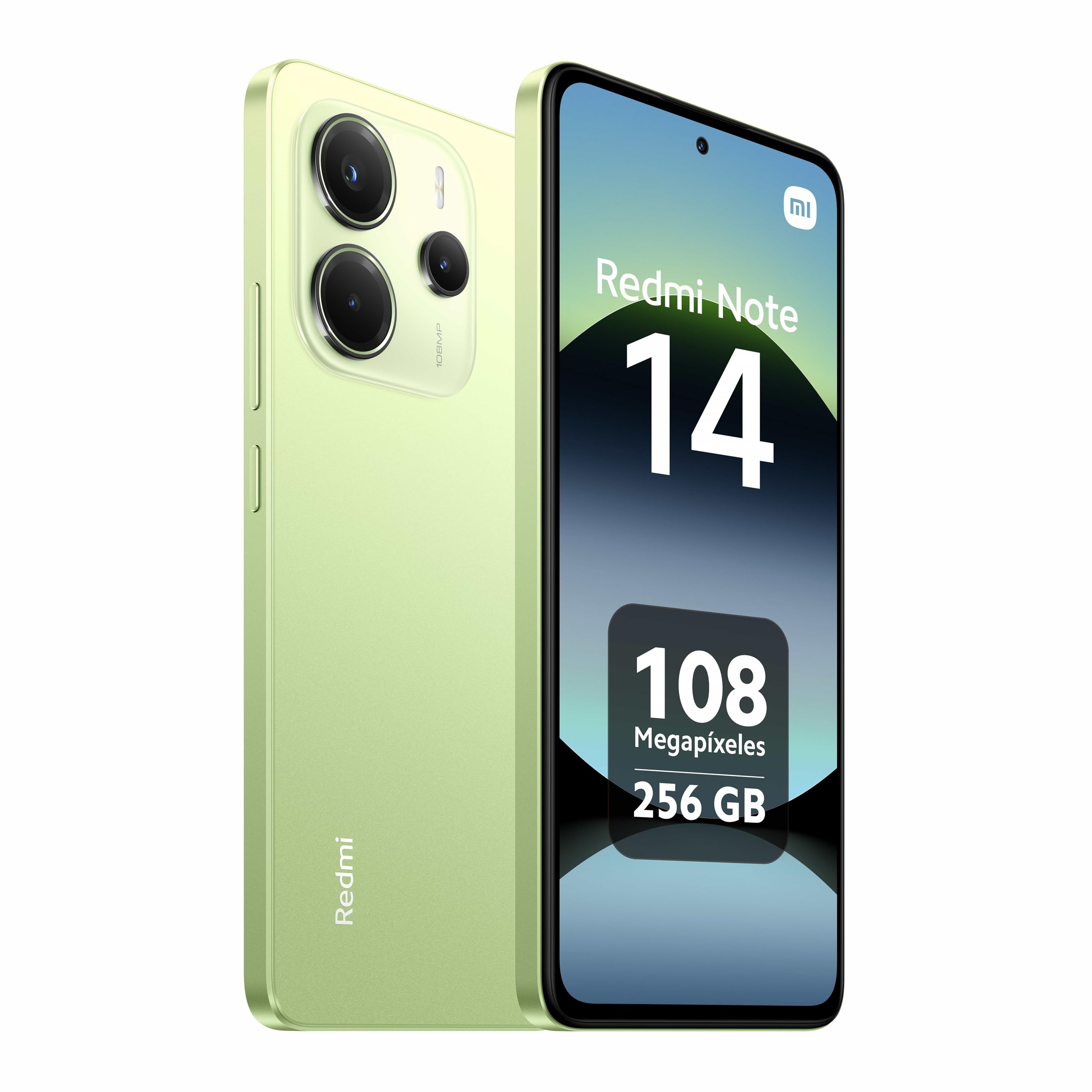 Un telefono verde Redmi Note 14 è in mostra. Lo schermo mostra il nome del modello e le specifiche.