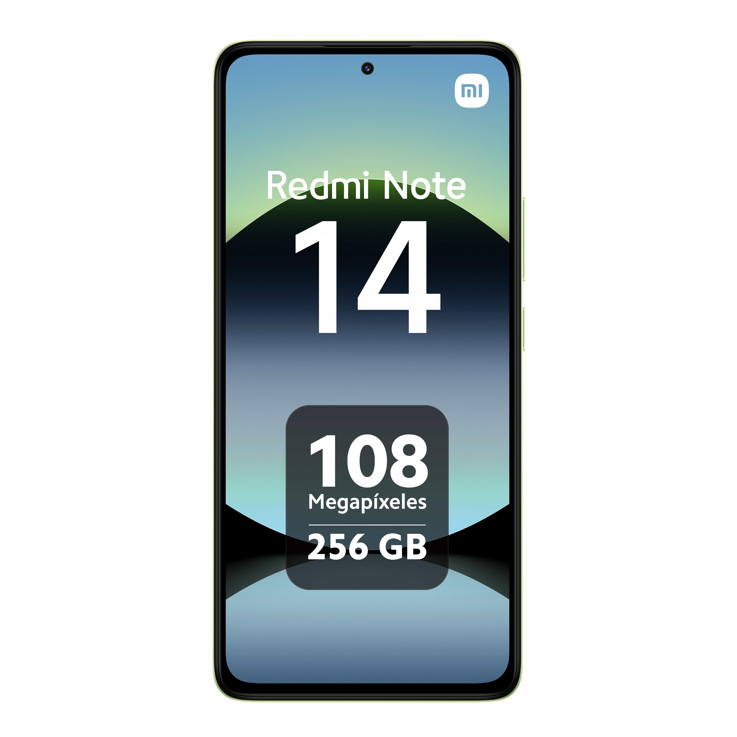 Uno schermo di smartphone mostra 'Redmi Note 14', '14' e specifiche: 108 megapixel e 256 GB.