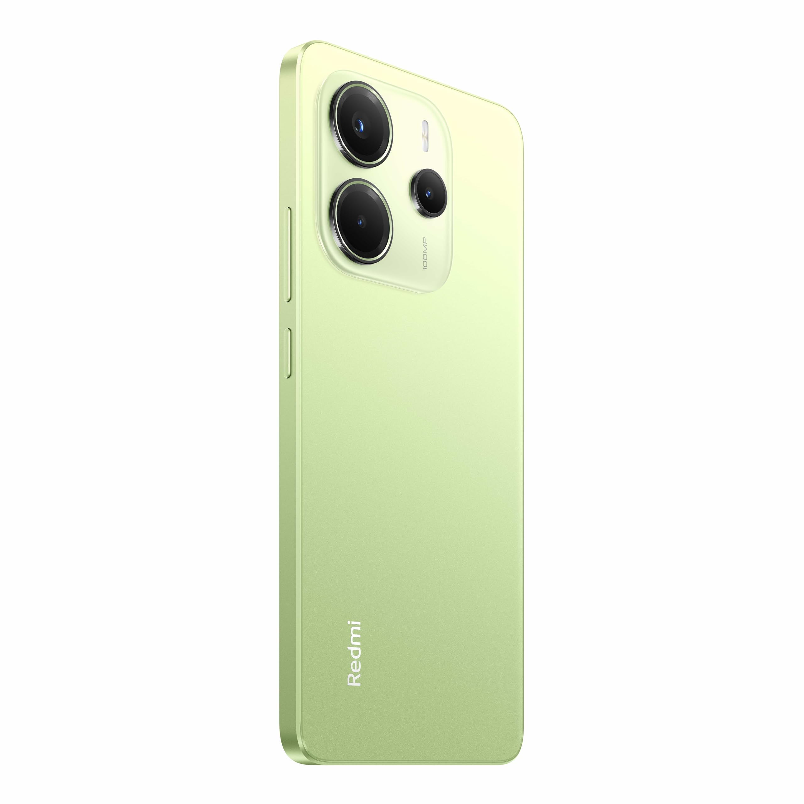 Uno smartphone verde chiaro. Ha tre obiettivi. Il logo Redmi è sul retro.