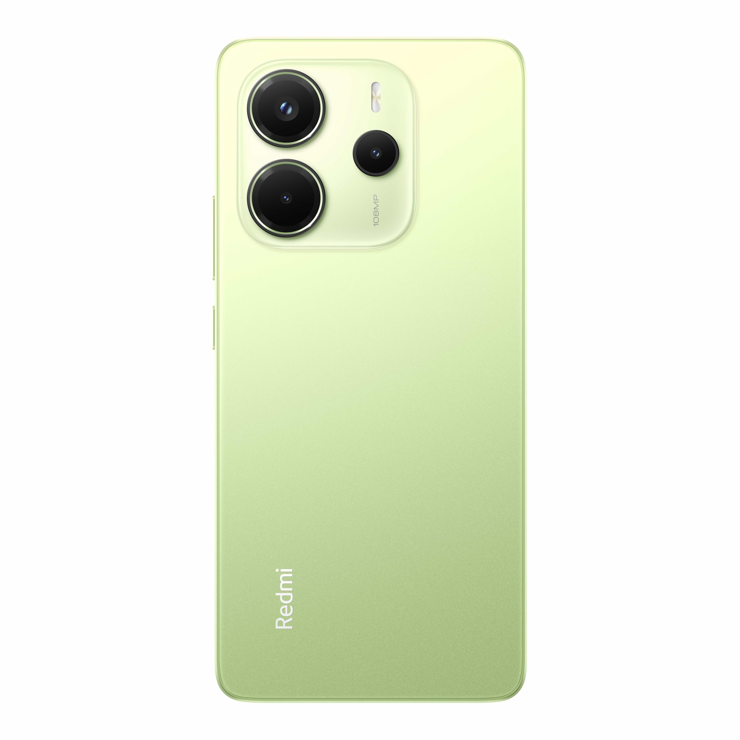 Retro di uno smartphone verde chiaro con modulo fotocamera. Ha due lenti principali e una più piccola sopra. Redmi.