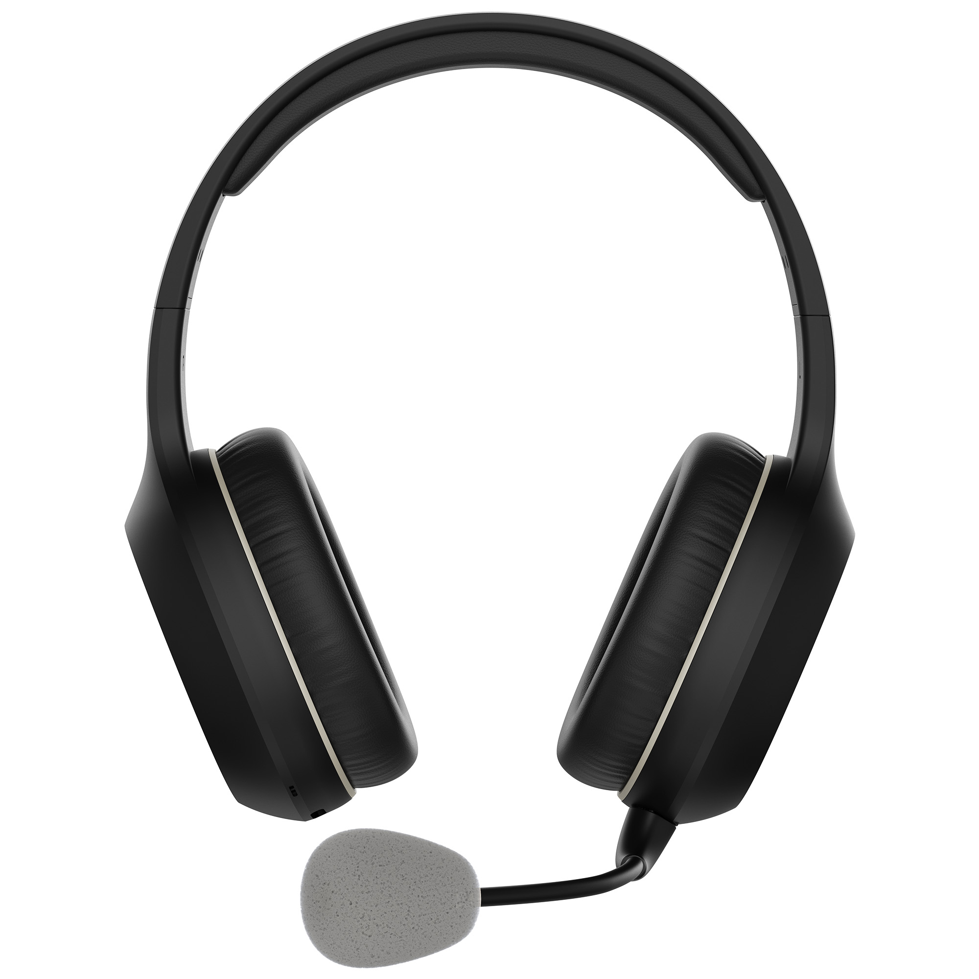 Czarne słuchawki z mikrofonem. Muszle czarne z beżowym paskiem.