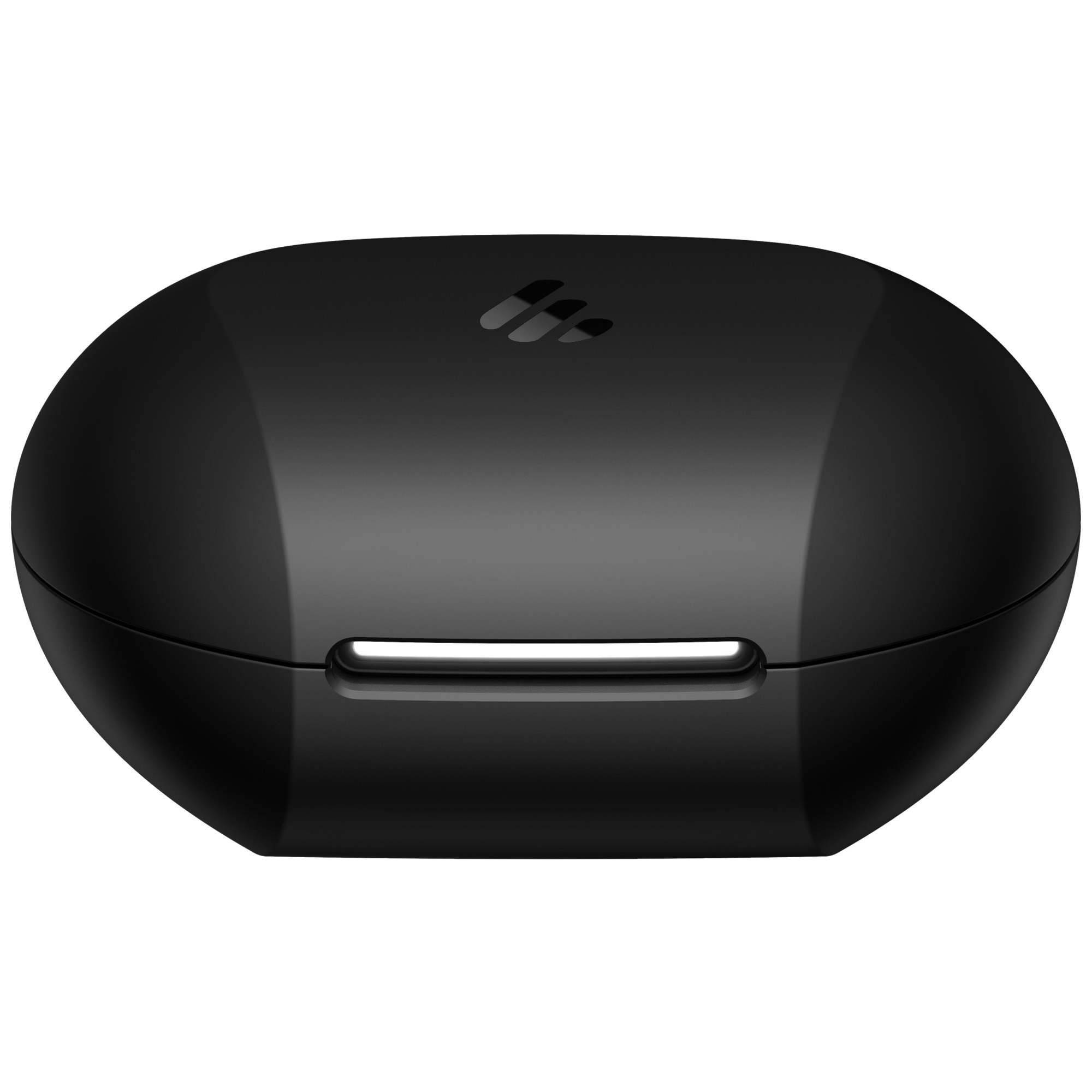 Czarne, owalne etui na słuchawki z logo na górze. Srebrna linia z przodu. Białe tło.