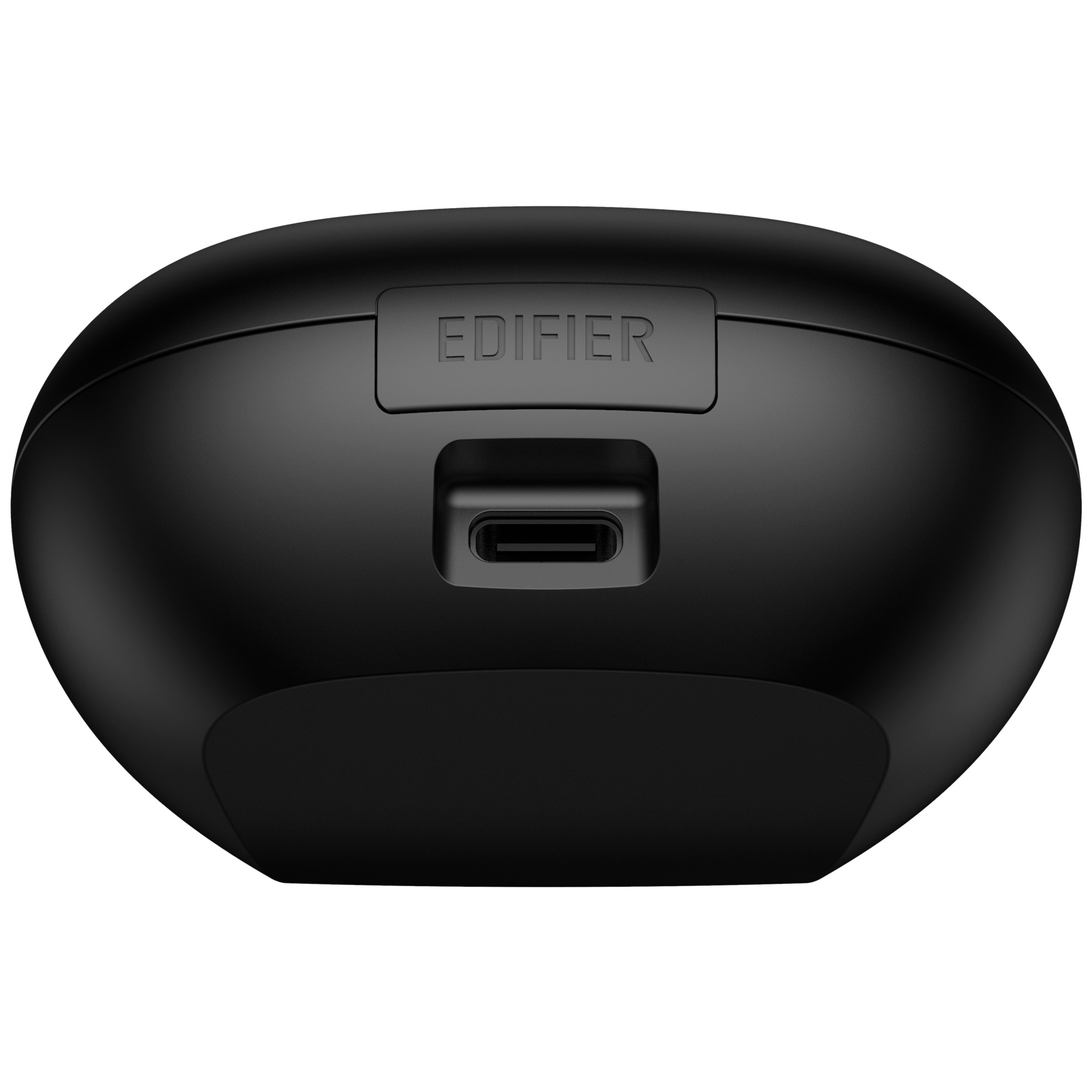 Zbliżenie czarnego etui ładującego. Etui posiada port USB-C i widoczna jest nazwa marki "EDIFIER".