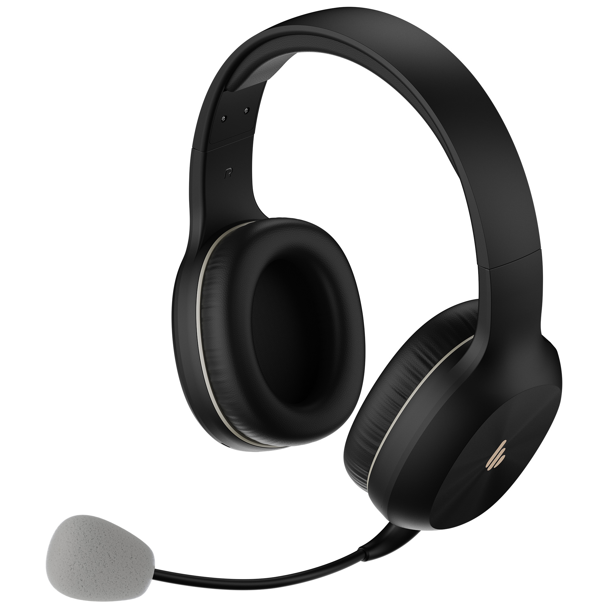 Czarne słuchawki z mikrofonem. Nausznik czarny z jasną obwódką. Szary mikrofon i białe tło.