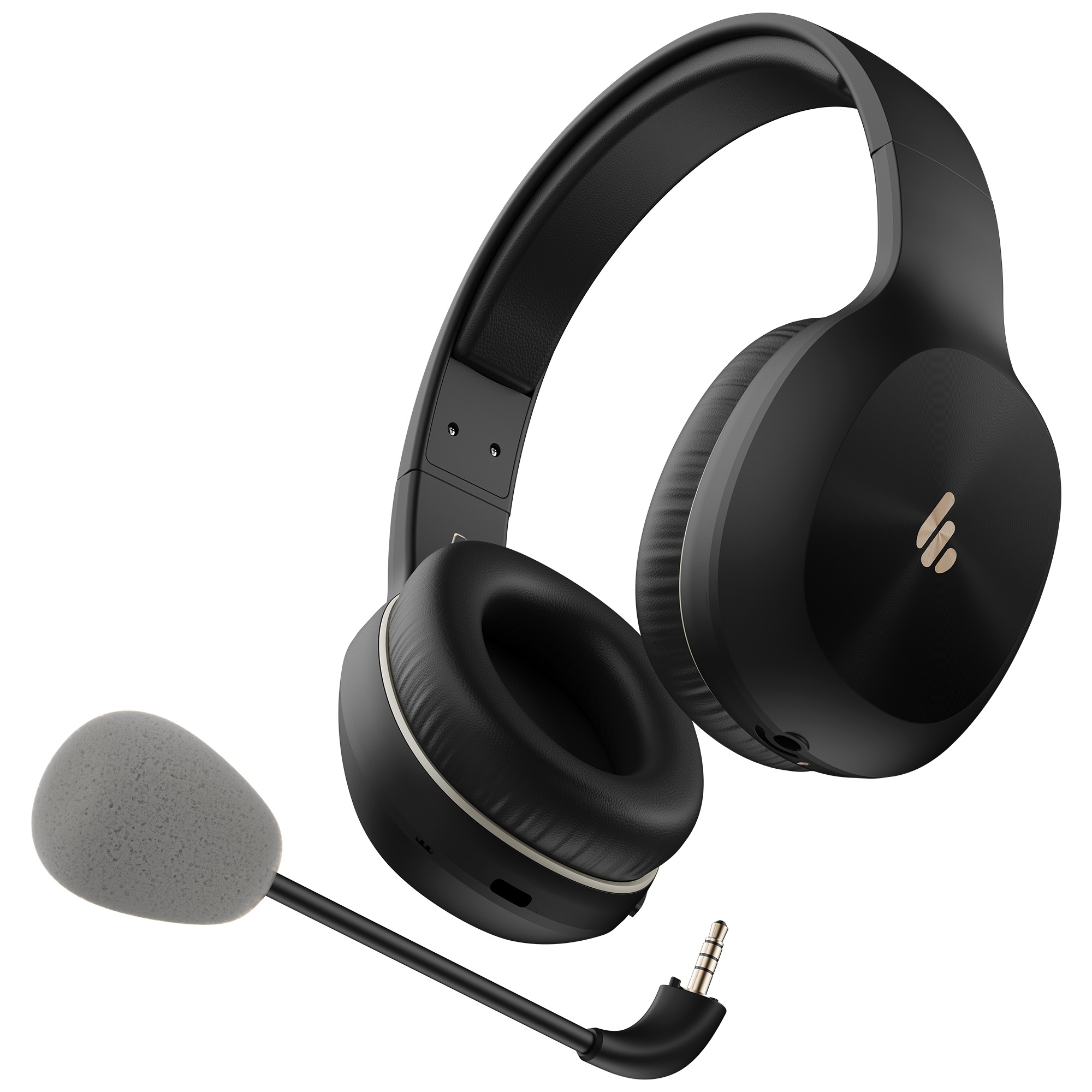 Czarne słuchawki z mikrofonem i wtyczką 3,5 mm na białym tle. Słuchawki mają szarą piankę.