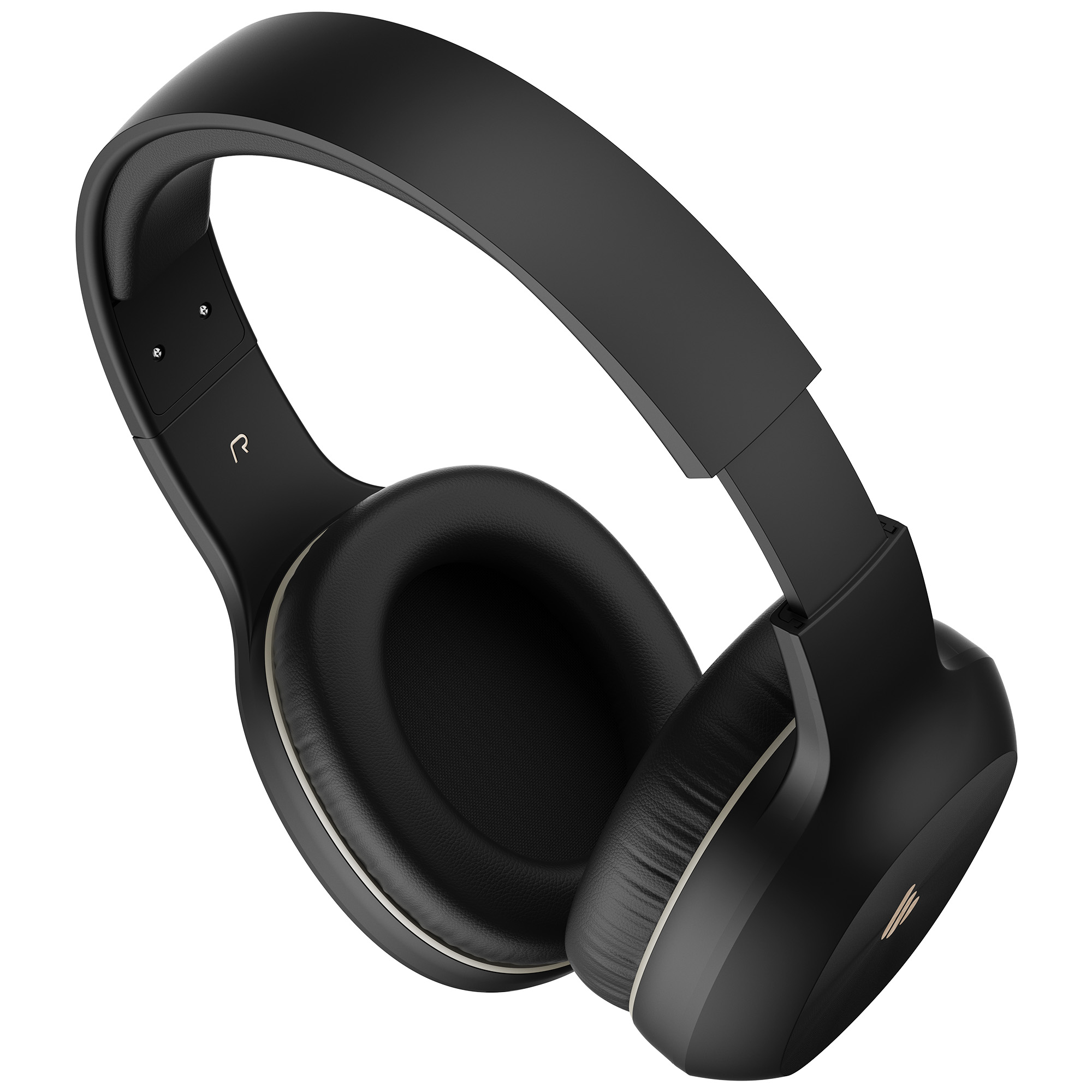 Czarne słuchawki na białym tle. Słuchawki są pod kątem, ukazując nauszniki i pałąk.