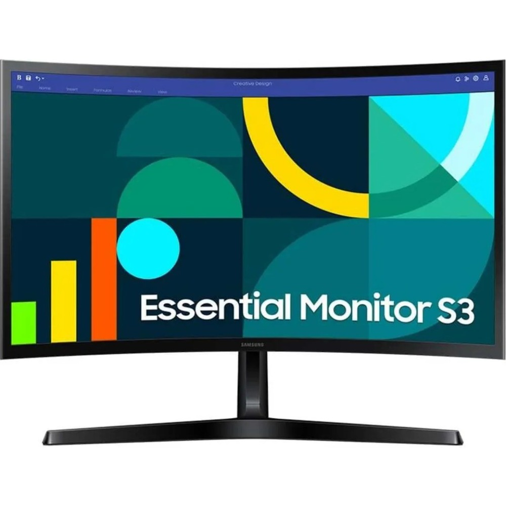 Siyah standlı kavisli bir monitör. Ekran, renkli geometrik şekiller ve 'Essential Monitor S3' yazısı gösteriyor.