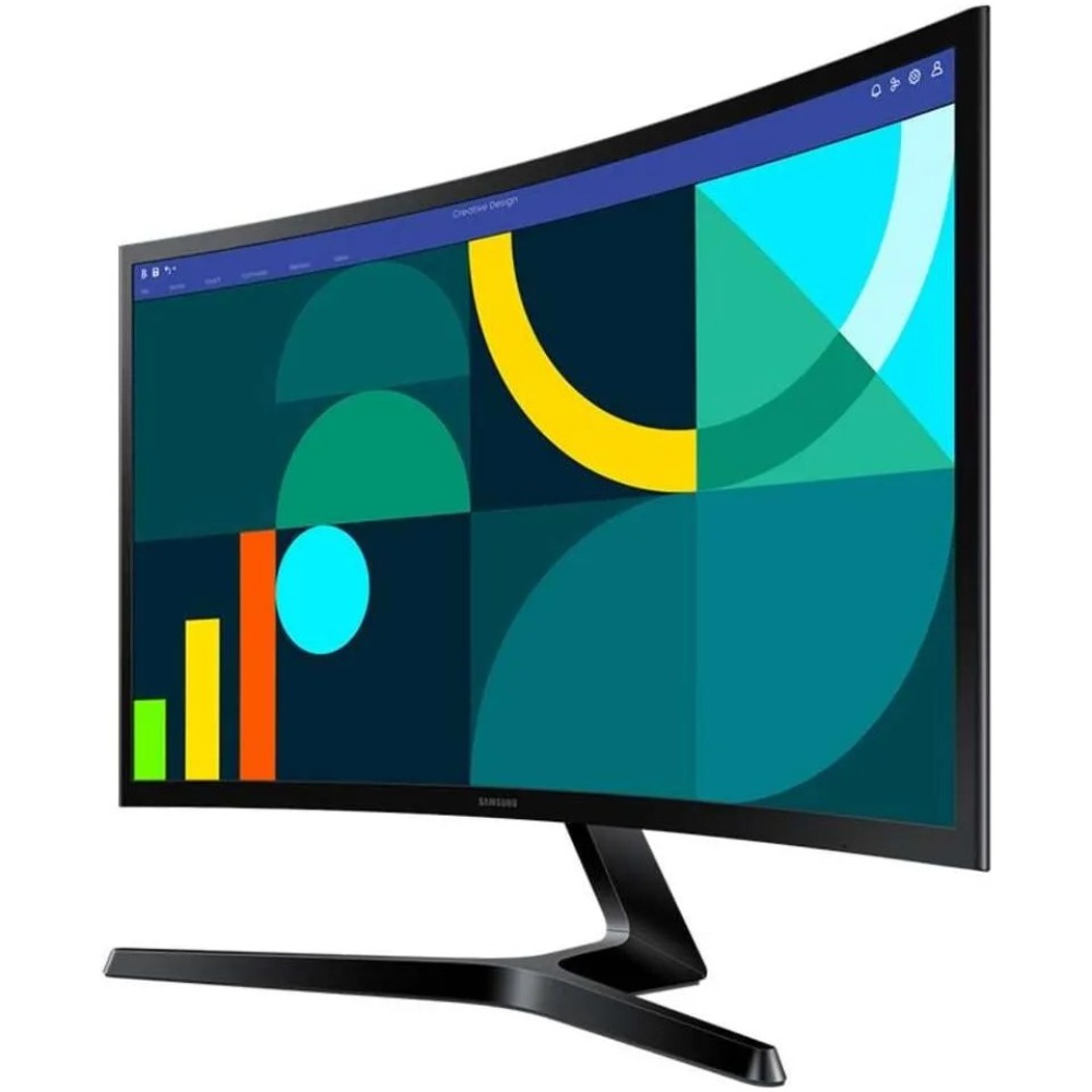 Kavisli Samsung monitör, turkuaz, sarı ve mavi şekillerle renkli geometrik bir tasarım sergiliyor. Siyah stand ve çerçeve.