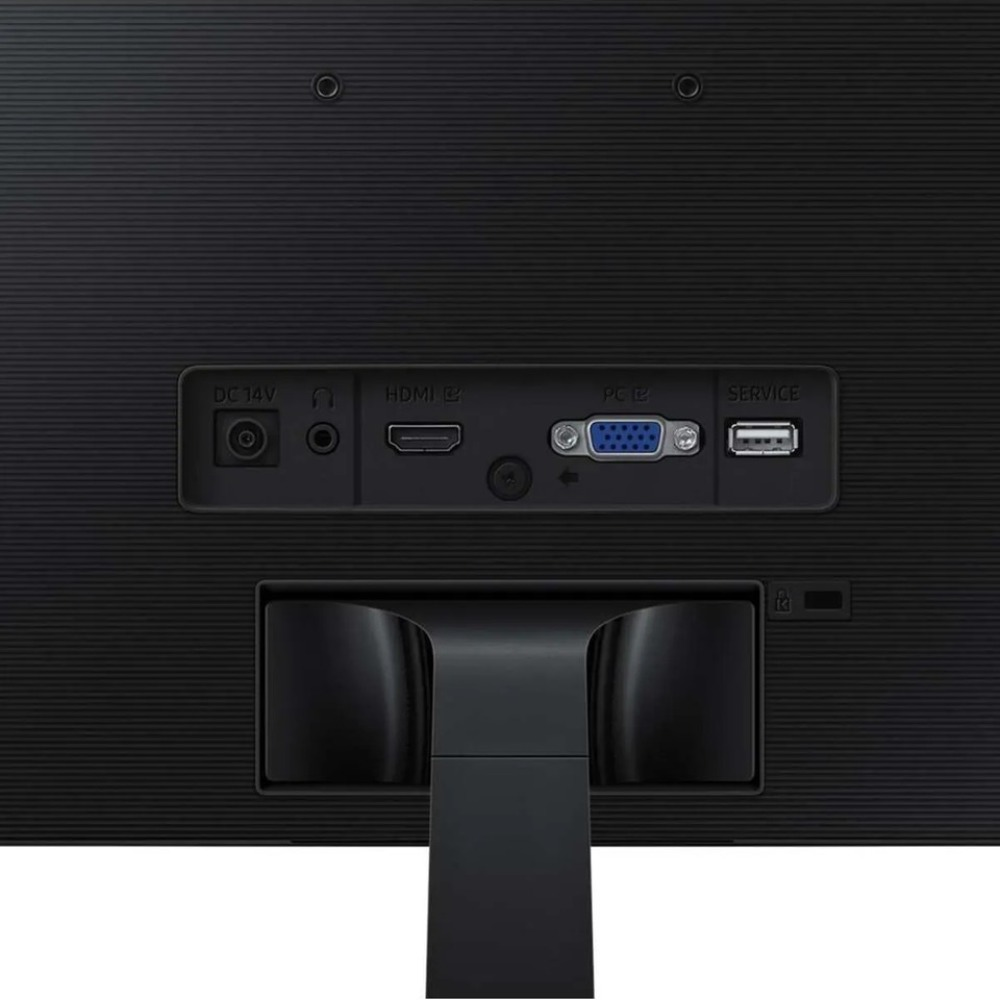 Siyah bilgisayar monitörünün arka görünümü. Bağlantı noktaları: DC, HDMI, VGA, USB ve ses. Bir stand ekranı destekler.