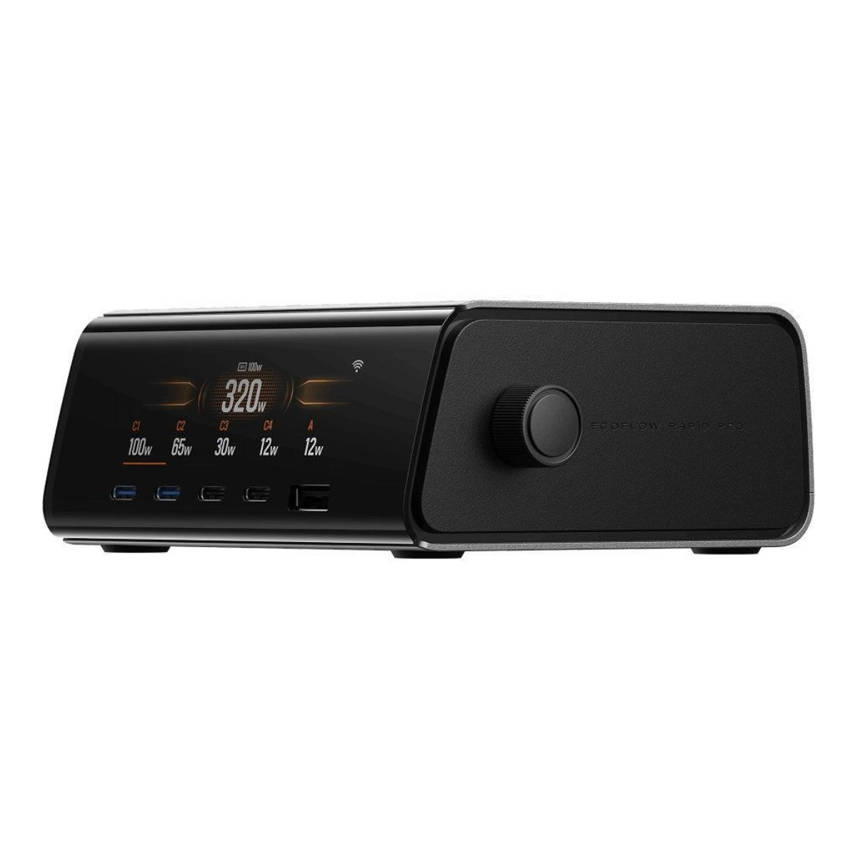 Czarna stacja zasilania z ekranem wyświetlającym moc. Posiada pokrętło i kilka portów USB. Widnieje na niej napis ECOFLOW RAPID PRO.