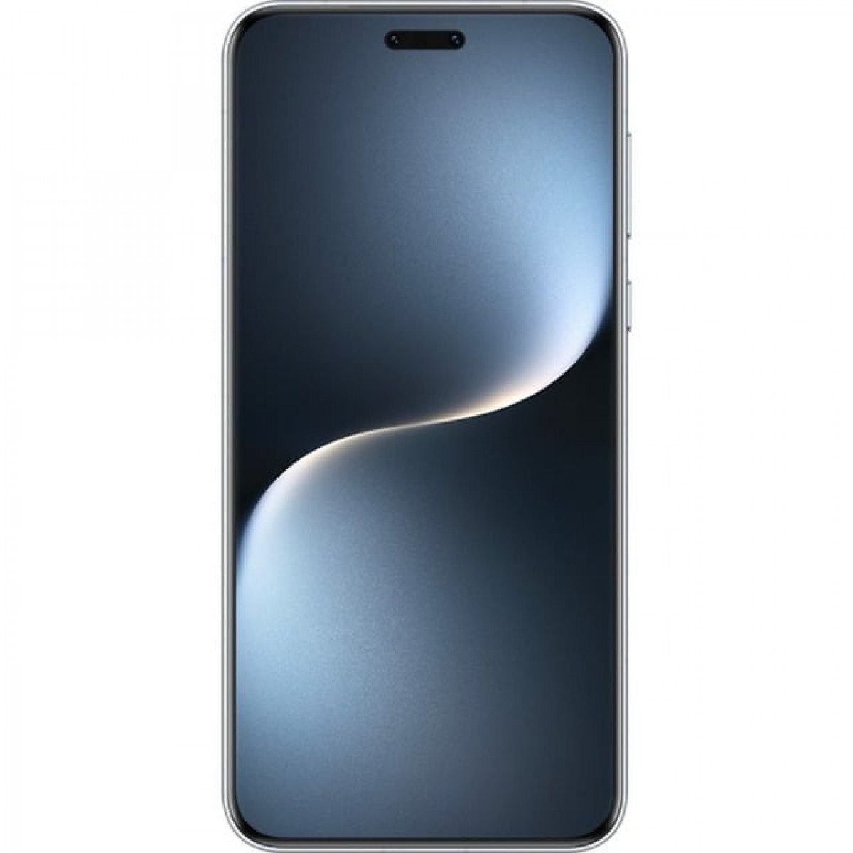 Uno smartphone con display curvo. Lo schermo è blu e ha un notch in alto. La cornice è argentata.