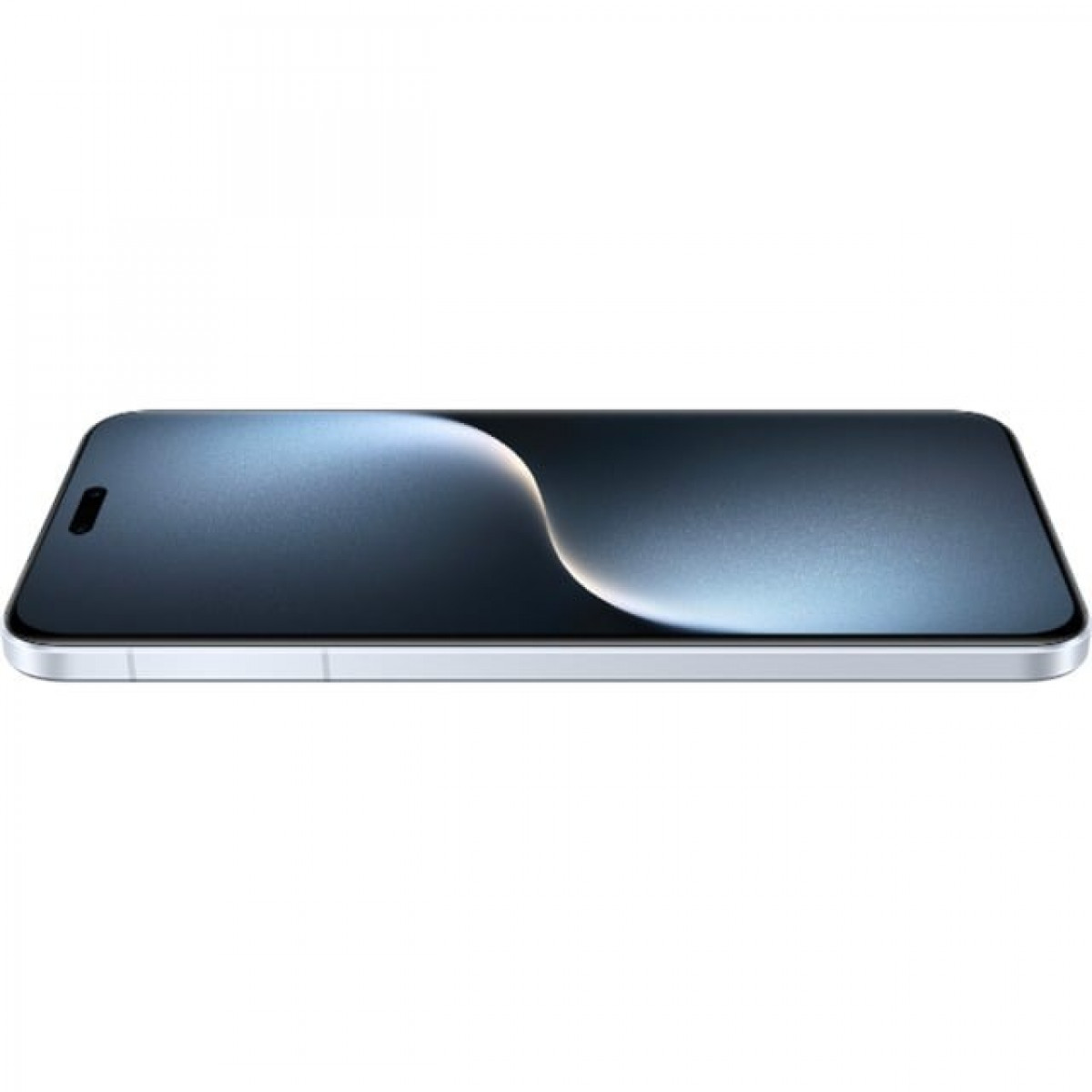 Uno smartphone, cornice argentata con schermo scuro, mostra un effetto di luce curva. Il telefono è posizionato orizzontalmente su sfondo bianco.