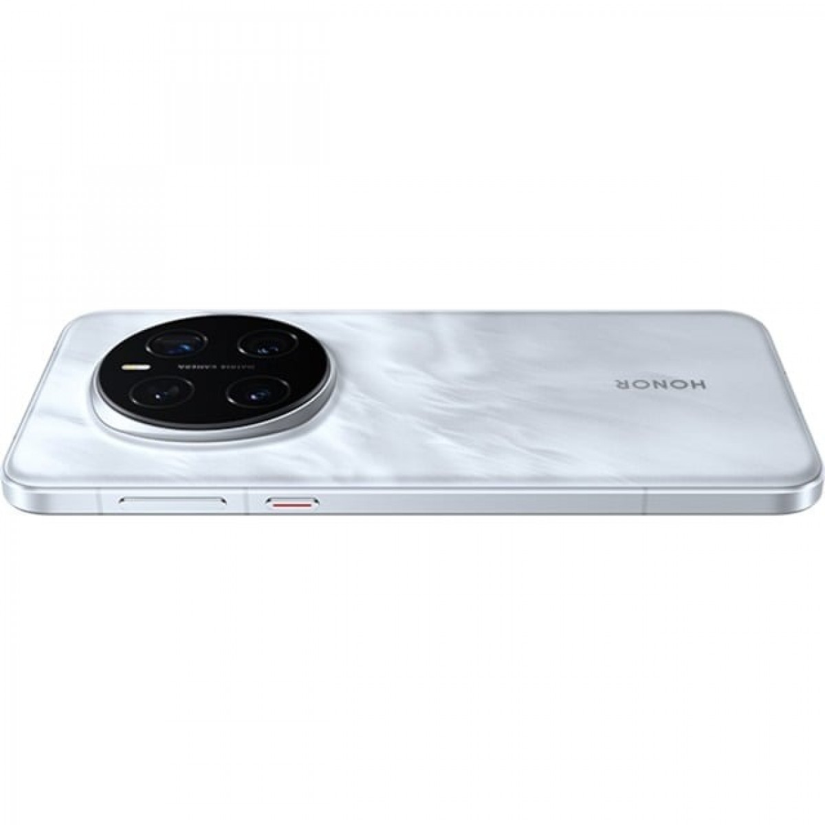 Un telefono Honor bianco è in orizzontale. Ha un grande modulo fotocamera circolare con più lenti. La parola HONOR è sul retro.