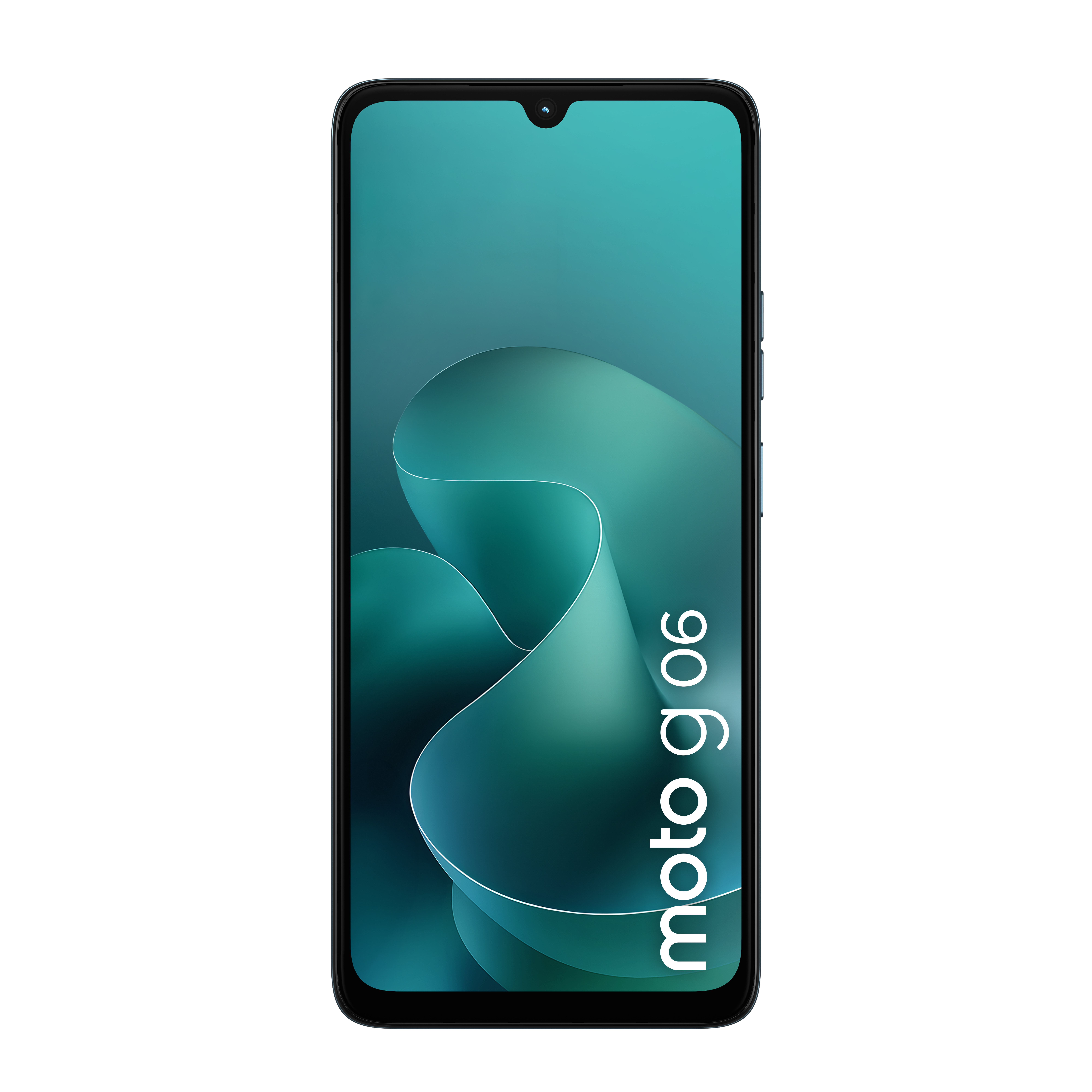 Smartfon moto g06 ma turkusowy ekran z białym wirującym wzorem. Telefon jest czarny na białym tle.
