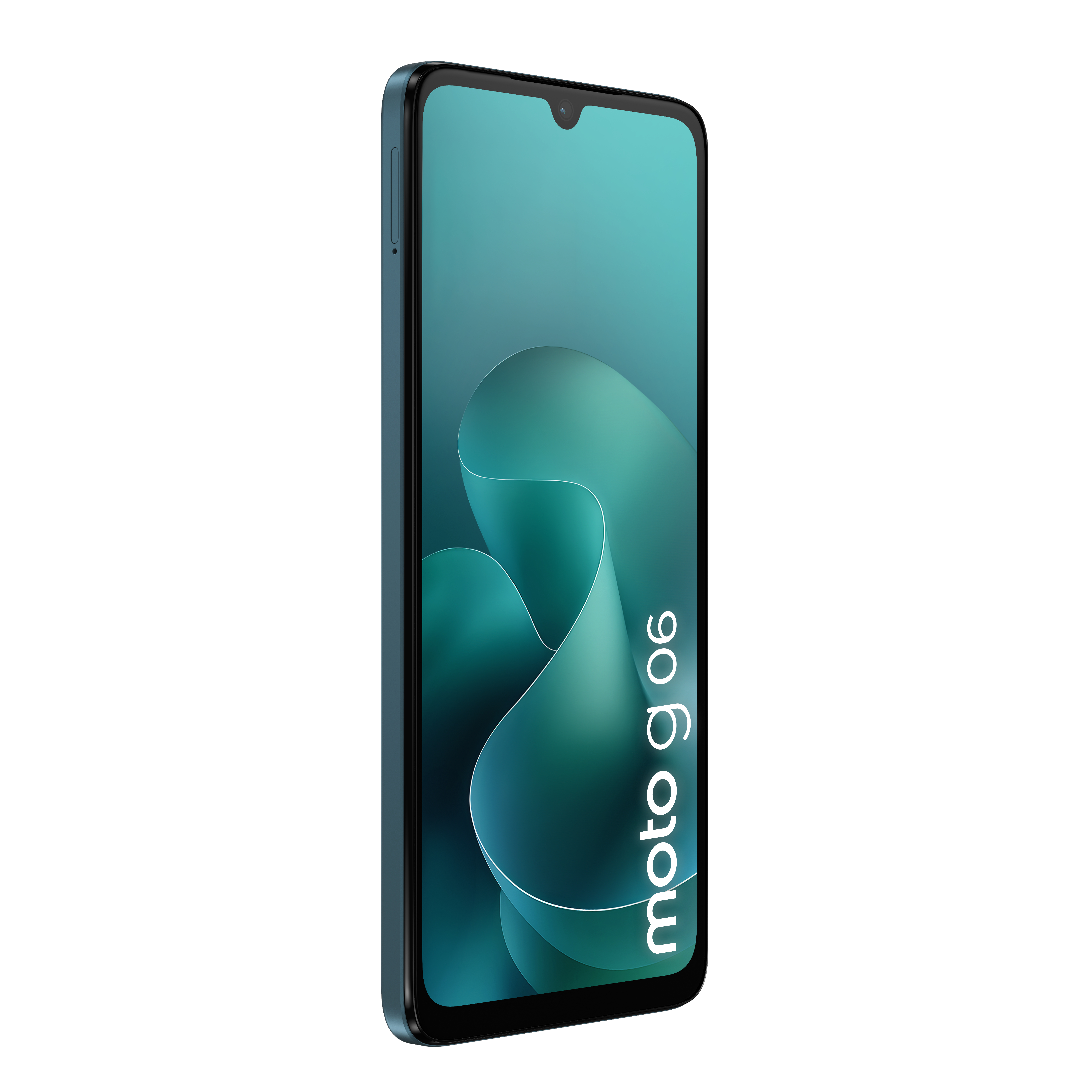 Smartfon moto g06 jest wyświetlany pod kątem. Ekran pokazuje turkusowe abstrakcyjne kształty. Telefon jest niebieski.