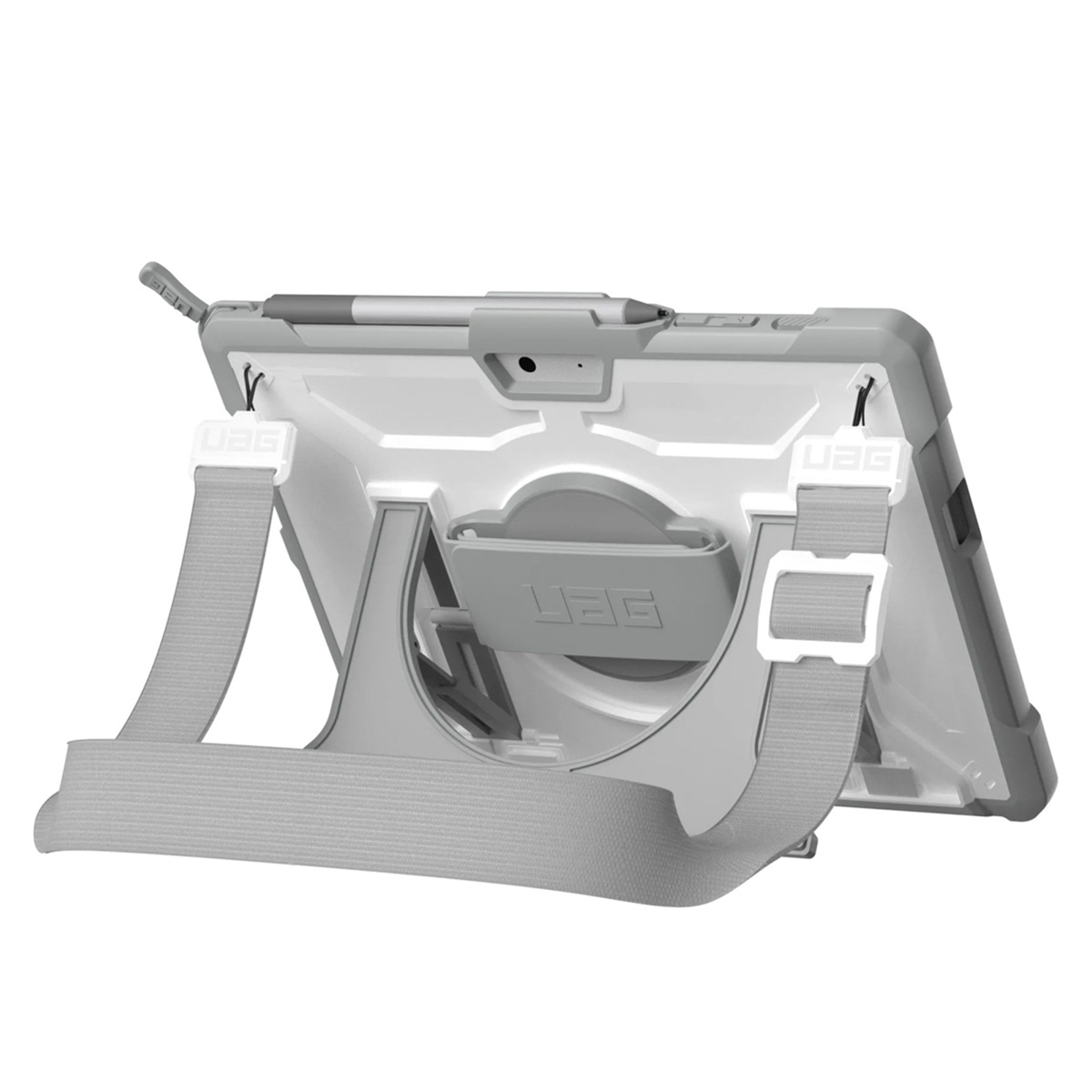 Una custodia grigia per tablet con uno stilo attaccato. Ha un supporto e un cinturino. Il logo UAG è visibile.