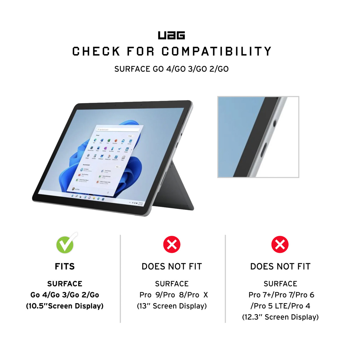 L'immagine mostra un tablet con custodia, informazioni sulla compatibilità e un segno di spunta per Surface Go 4/3/2/Go e 'X' per altri modelli Surface.