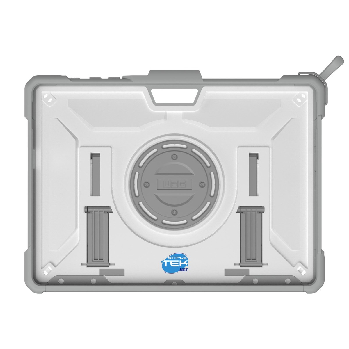 Una custodia per tablet bianca e grigia con maniglia. Include un design circolare al centro e il logo Simple Tek Net.