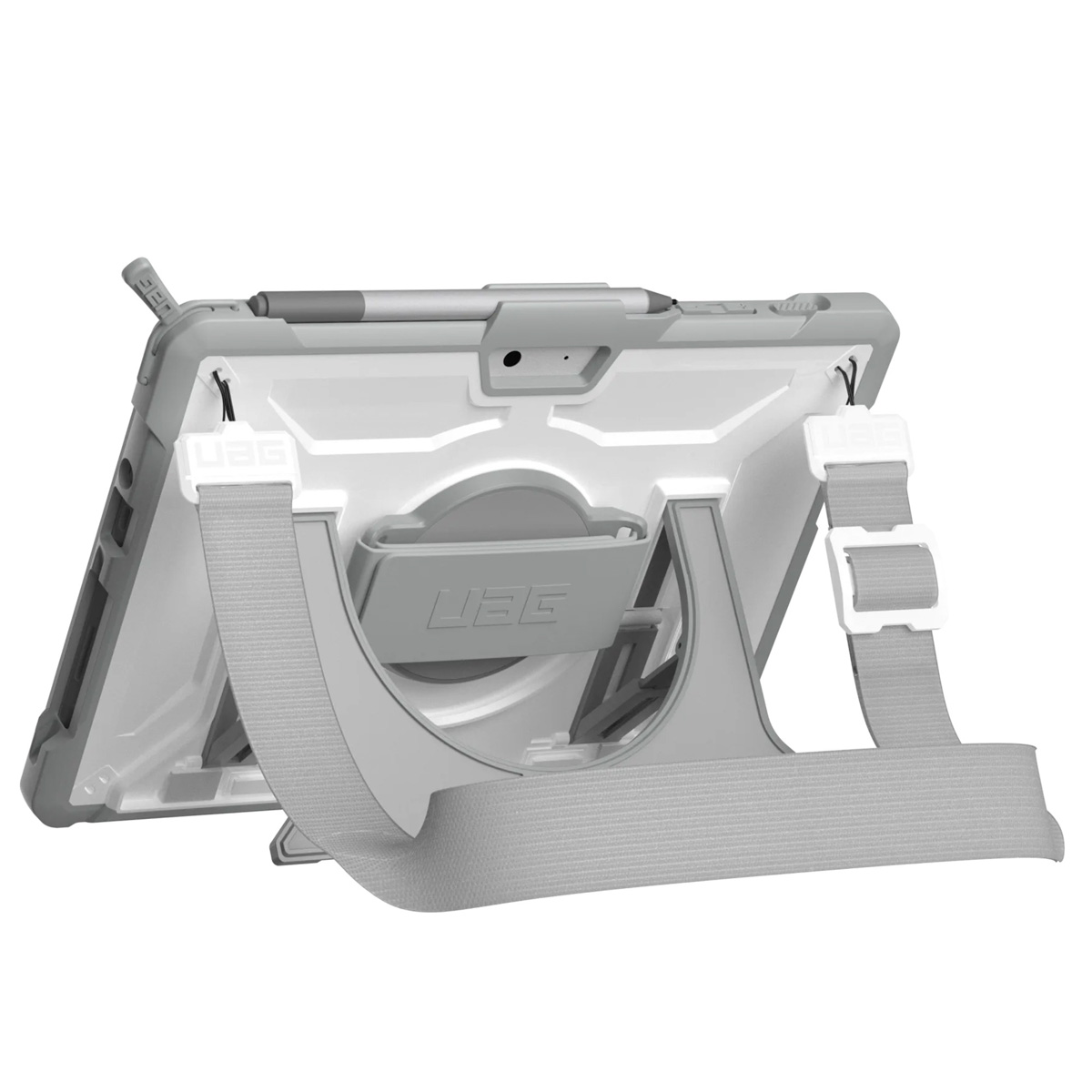 Una custodia grigia per tablet con stilo, supporto e cinturino. Ha un interno bianco ed è visibile il logo UAG.