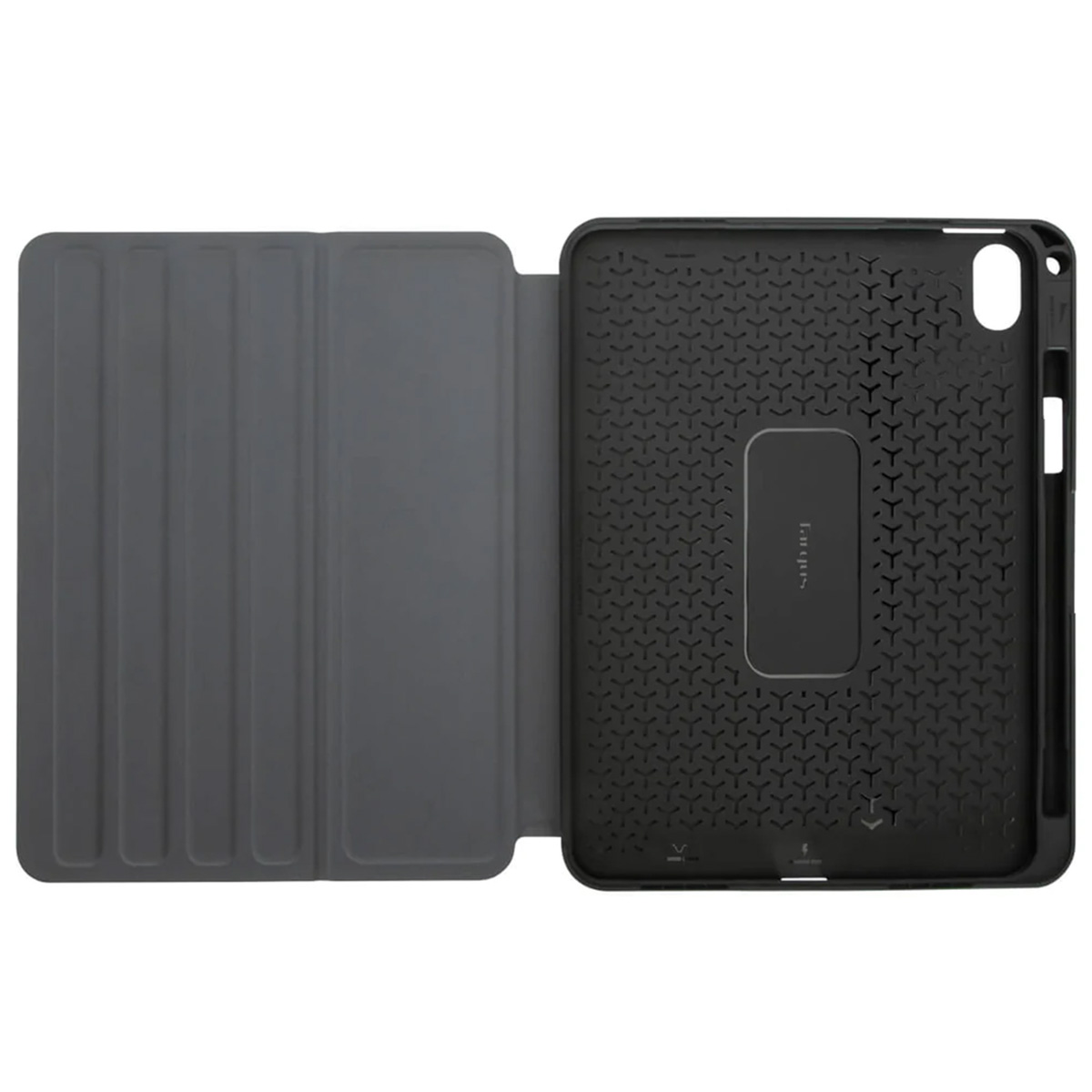 Otwarty futerał na tablet, z czarnym wnętrzem z wzorem i logo Targus, szara okładka jest otwarta.