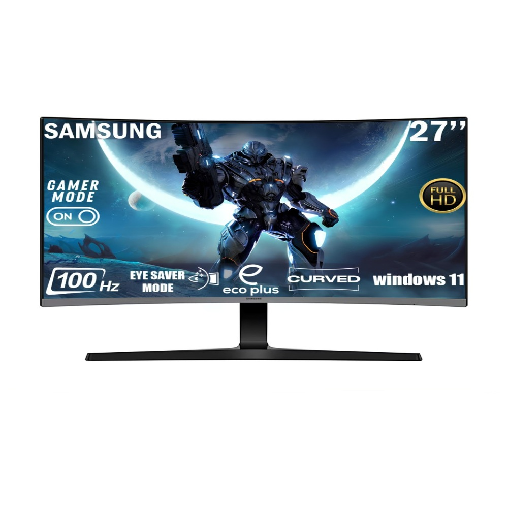 Samsung kavisli monitör. Fütüristik bir savaşçı gösterir. Özellikler arasında 'Oyuncu Modu', '100 Hz', 'Göz Koruma Modu', 'Kavisli' ve 'Windows 11' bulunur.