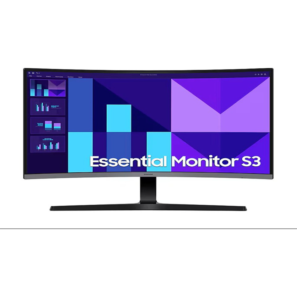 Siyah bir standa sahip, kavisli bir Samsung Essential Monitor S3. Ekran, grafikler ve 'Essential Monitor S3' sözcüklerini gösteriyor.
